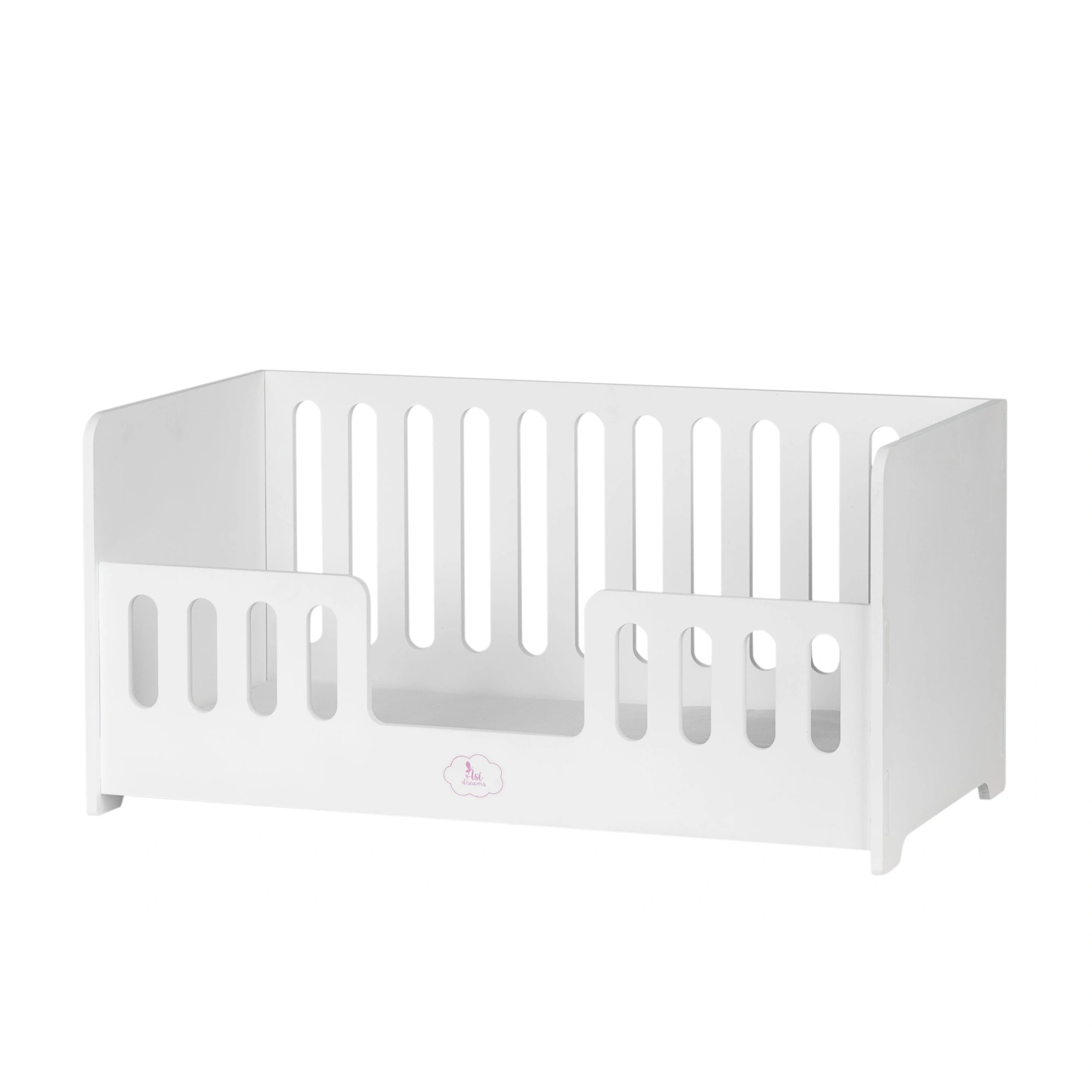 White wooden cradle with vertical slats, designed for ASI Dolls, featuring a soft padded mattress.