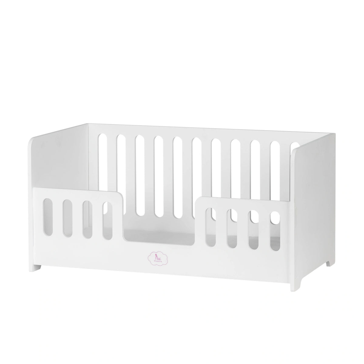 White wooden cradle with vertical slats, designed for ASI Dolls, featuring a soft padded mattress.