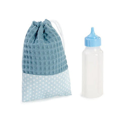 Light blue drawstring bag with white stars and a matching baby bottle for dolls.