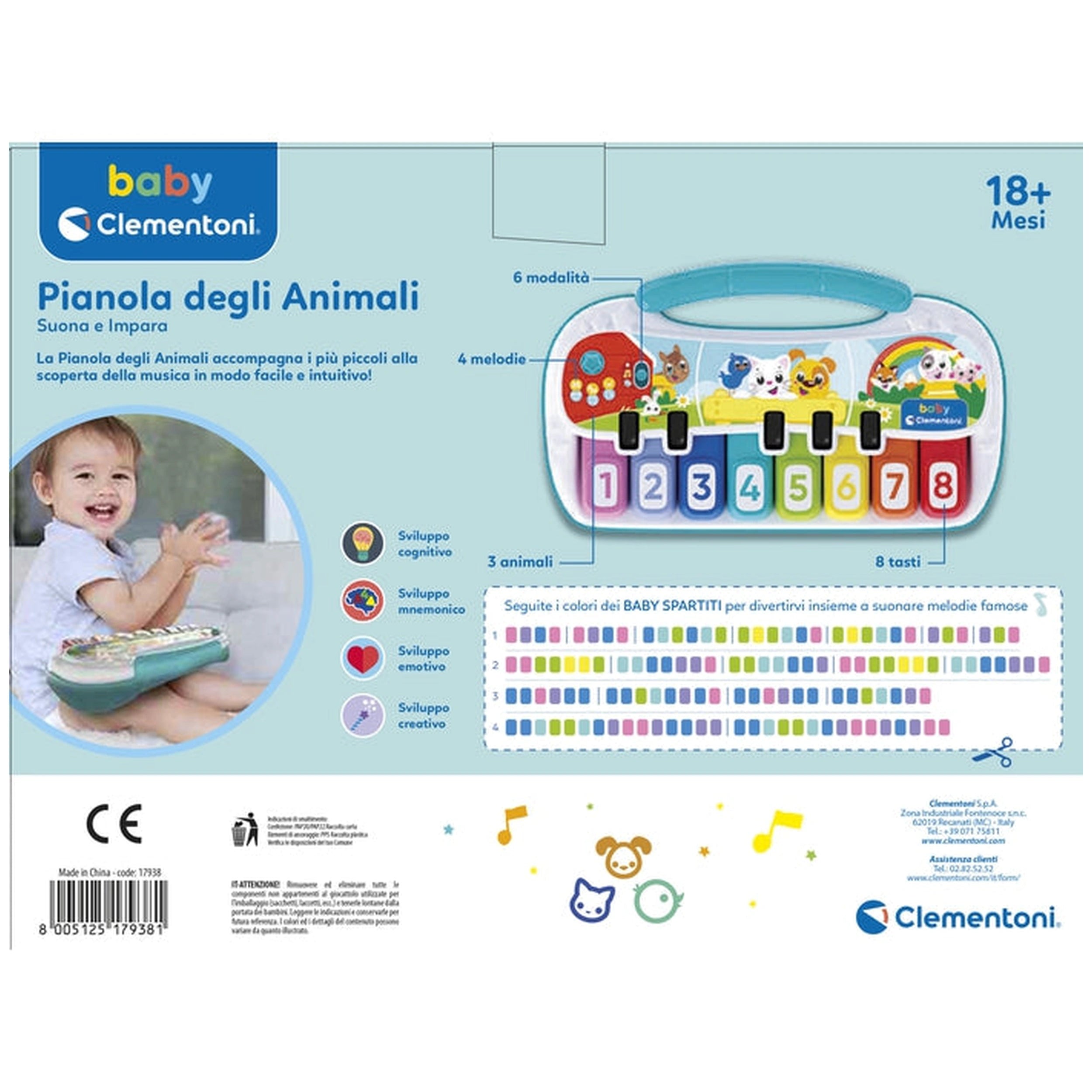 Baby Clementoni - Pianola de los Animales Suena y Aprende Juguetes de Actividad para Bebés - Edición Italiana