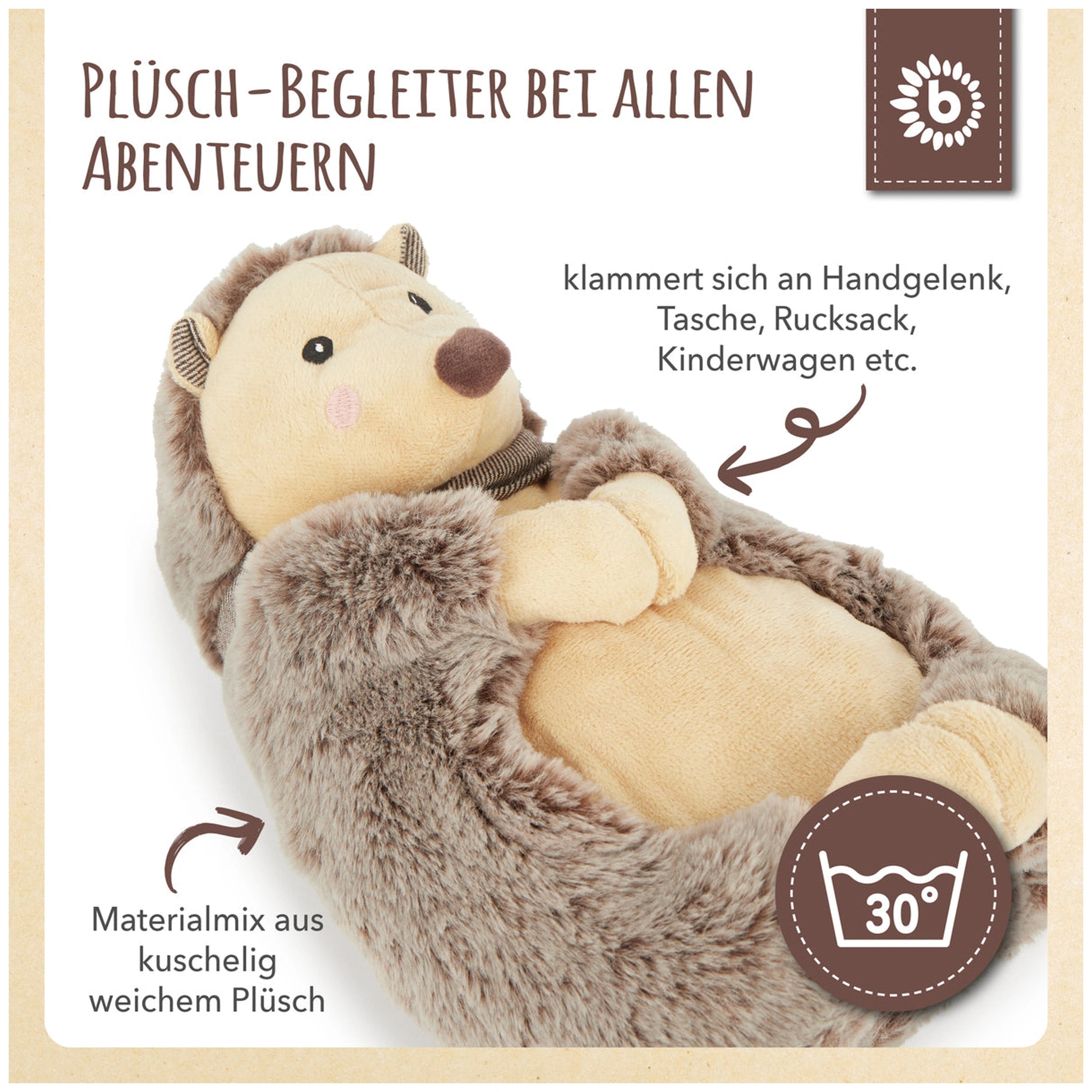 Soft plush hedgehog with a brown and oatmeal color scheme, featuring a rounded body and a friendly face, ideal for cuddling.