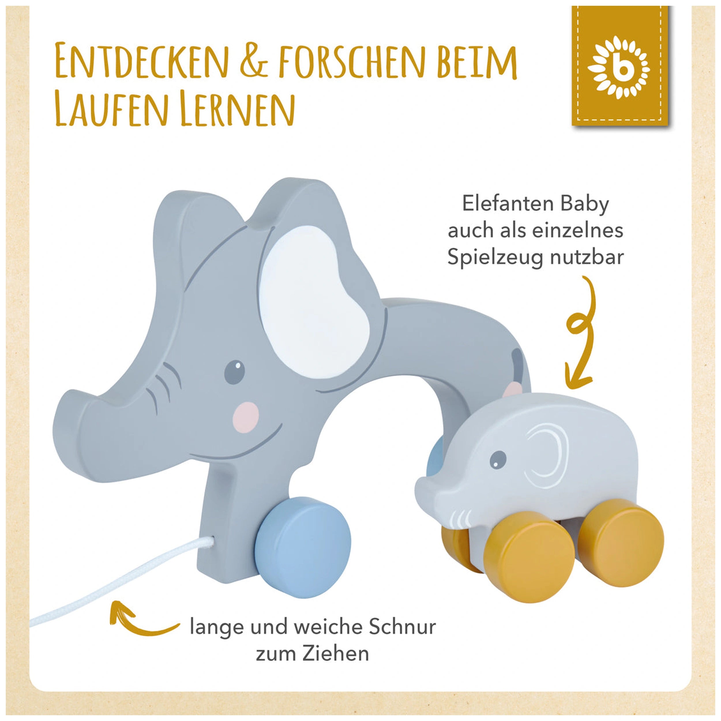 BIECO Pull-Along Elephants toy featuring a large gray elephant and a smaller baby elephant on wooden wheels. The elephants are designed for toddlers, with a soft pulling cord and cheerful facial expressions.
