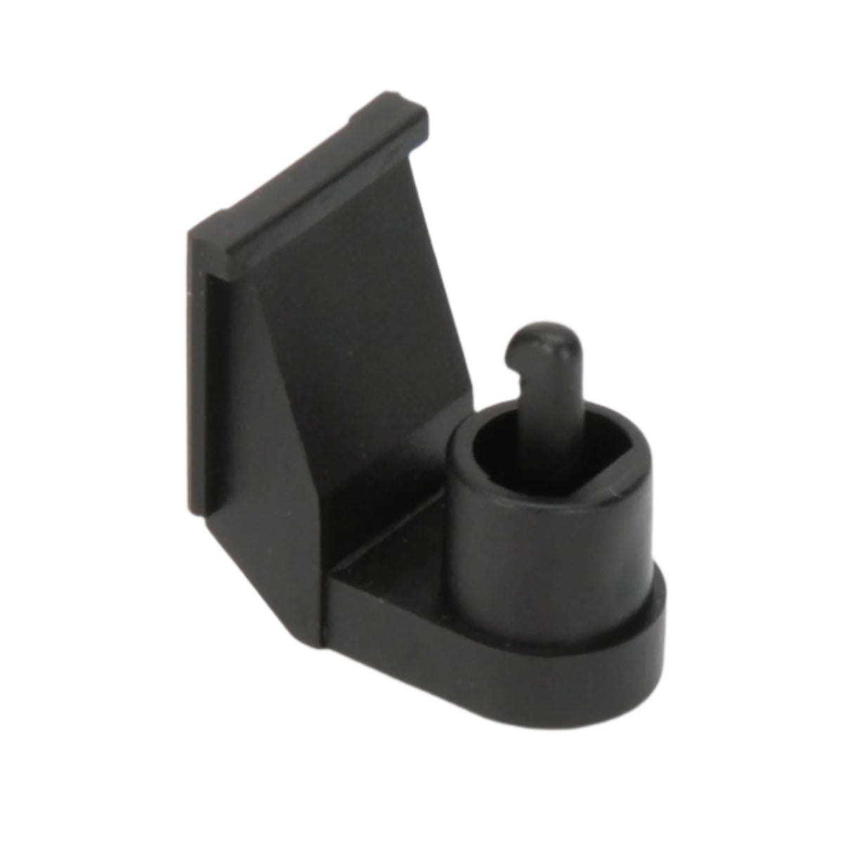 Black plastic drawbar coupling for Bruder toy vehicles, featuring a hook attachment on a flat base.
