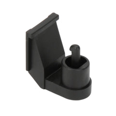 Black plastic drawbar coupling for Bruder toy vehicles, featuring a hook attachment on a flat base.