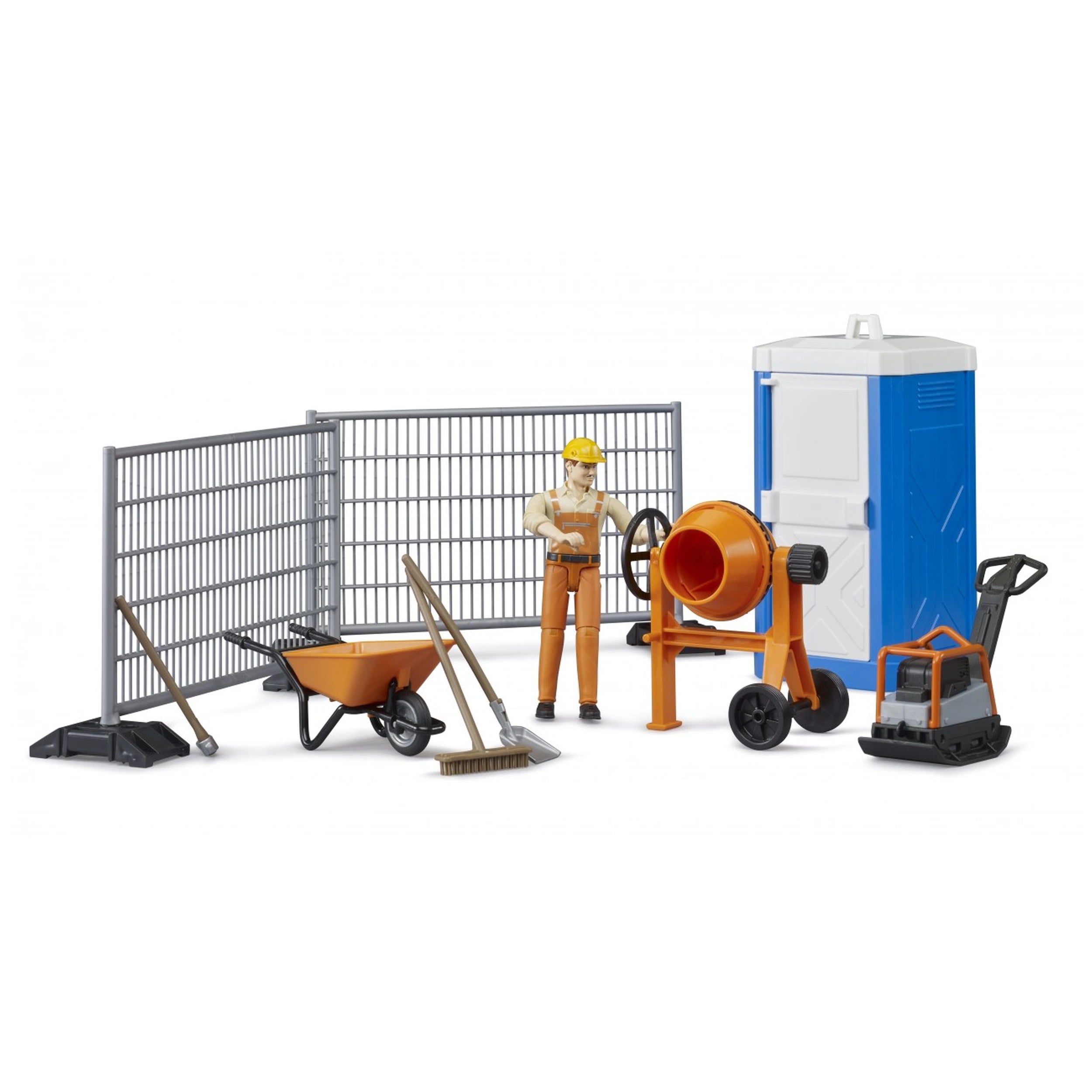 Construction toy set with figure, fences, wheelbarrow, cement mixer, and portable toilet.