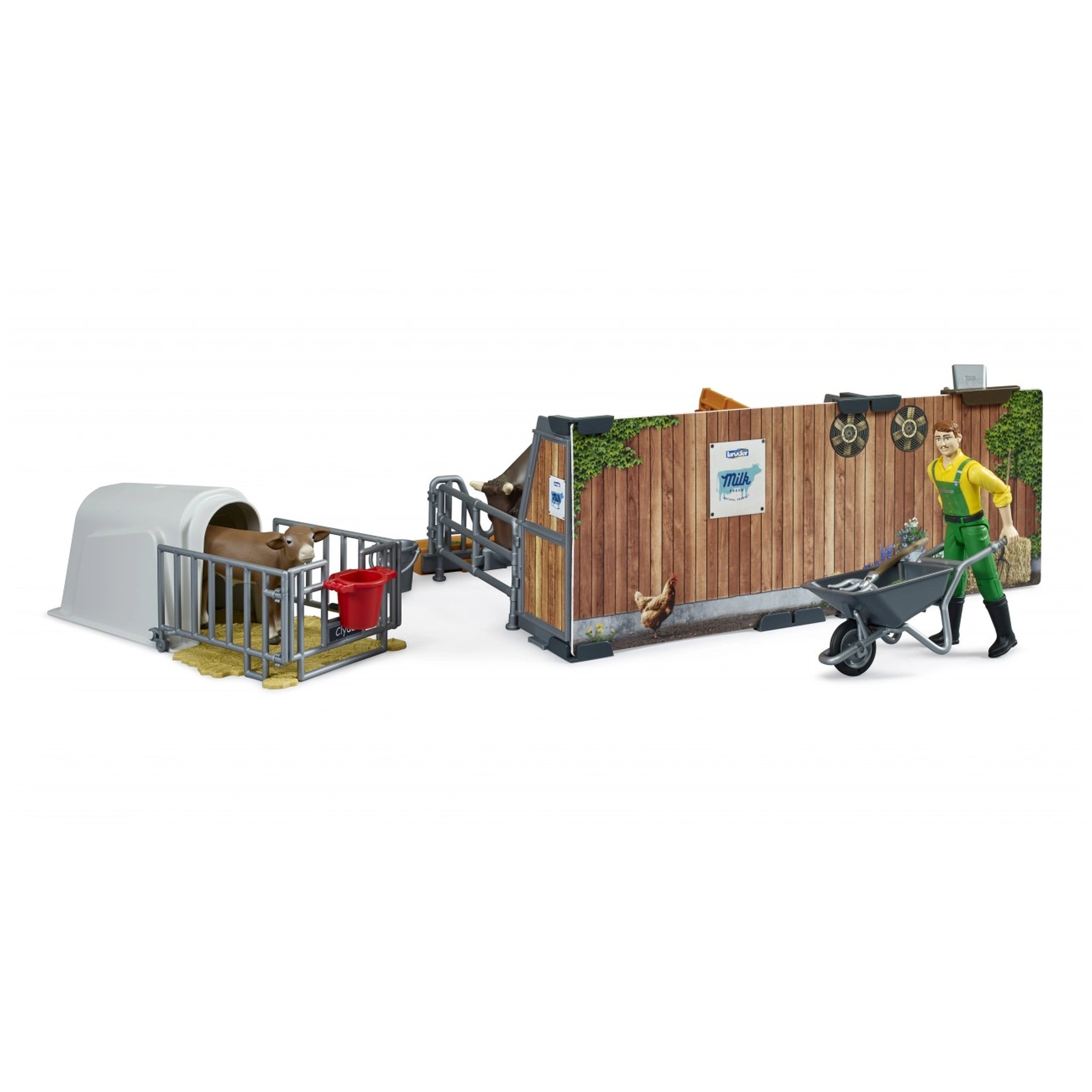 Farmer pushes a wheelbarrow next to a wooden barn with a cow, calf, and red feed bucket, surrounded by chickens.