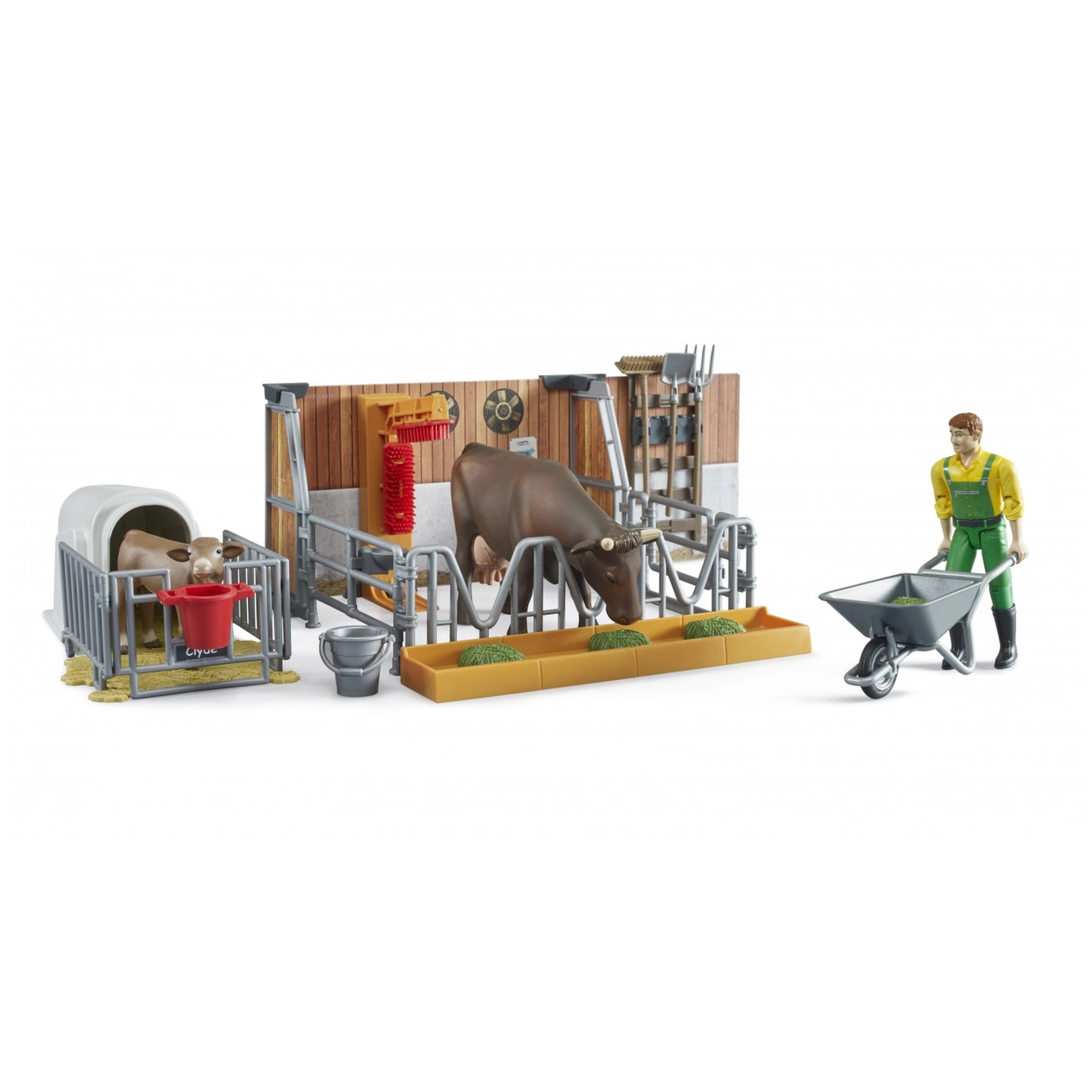 Farmer with wheelbarrow beside cow at feed trough and calf in pen, all within a detailed farm barn set.