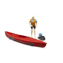 Toy set with red kayak, figure in orange life jacket, blue helmet, and paddle, ideal for imaginative water sports play.