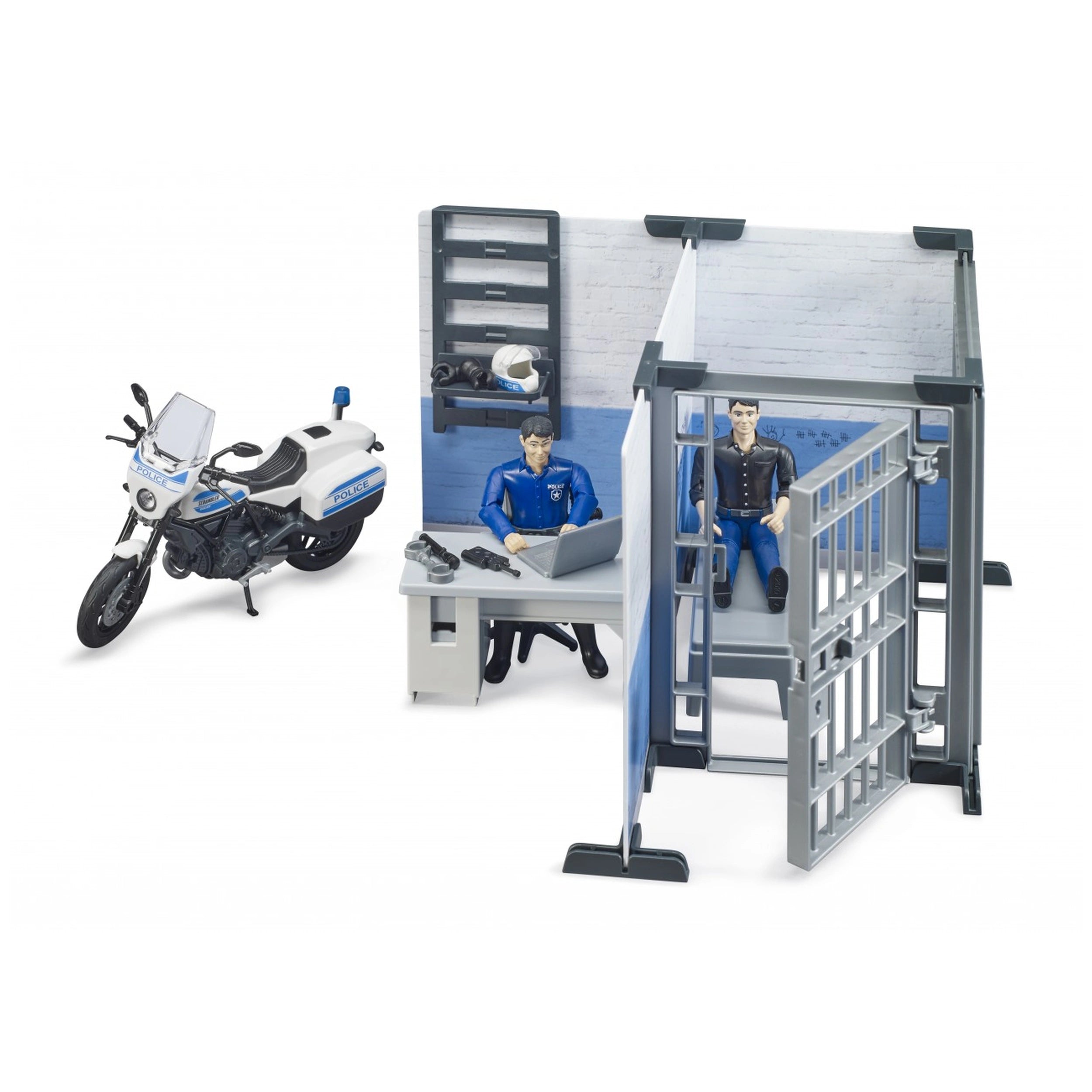 Bruder police station playset with motorcycle, officer at desk, figure in jail cell, detailed accessories included.