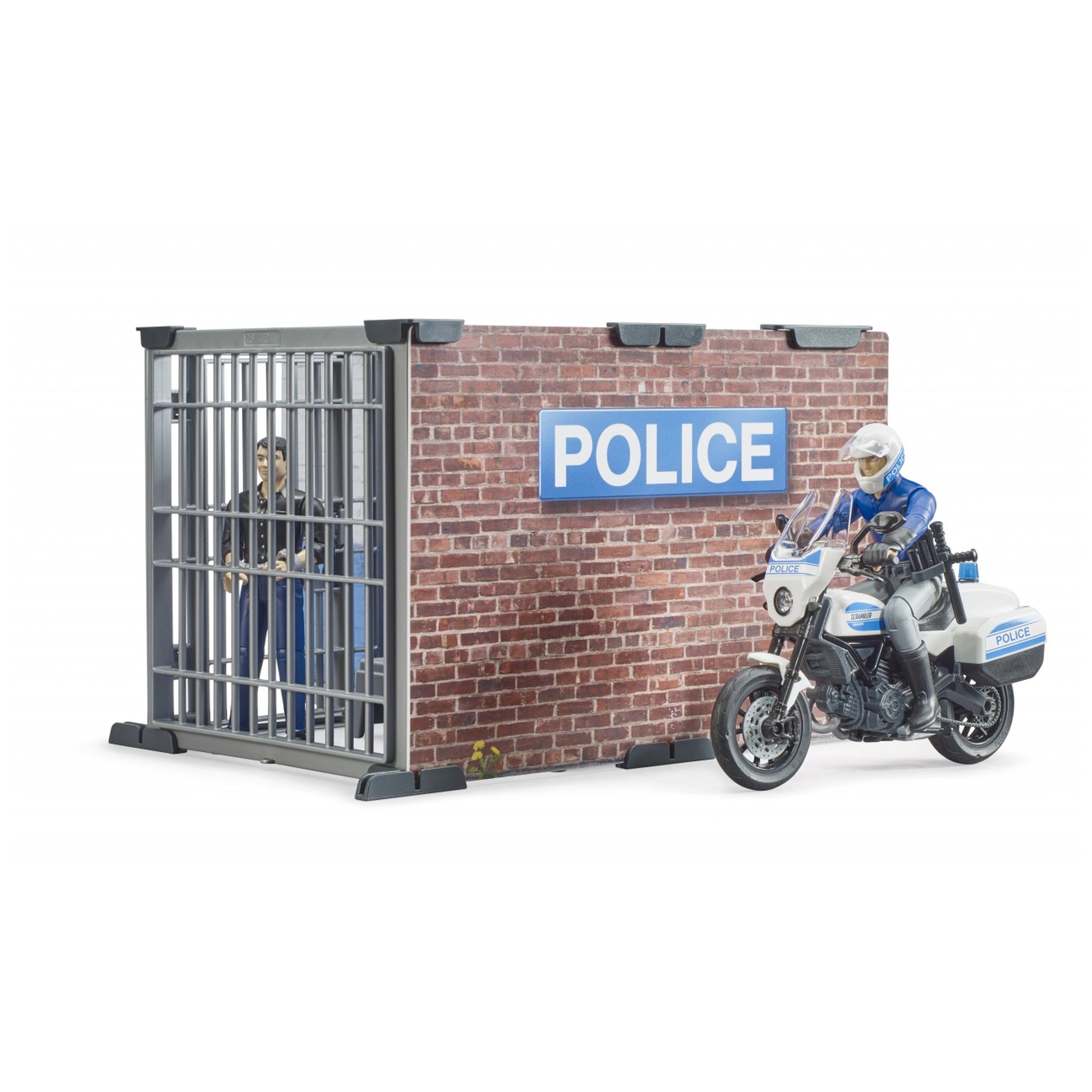 Police officer on motorcycle outside brick police station, inmate visible in jail cell.