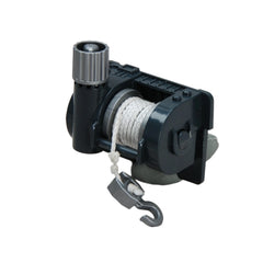 Bruder Cable Winch toy with a grey body, spool of white cable, and metal hook for play vehicles.