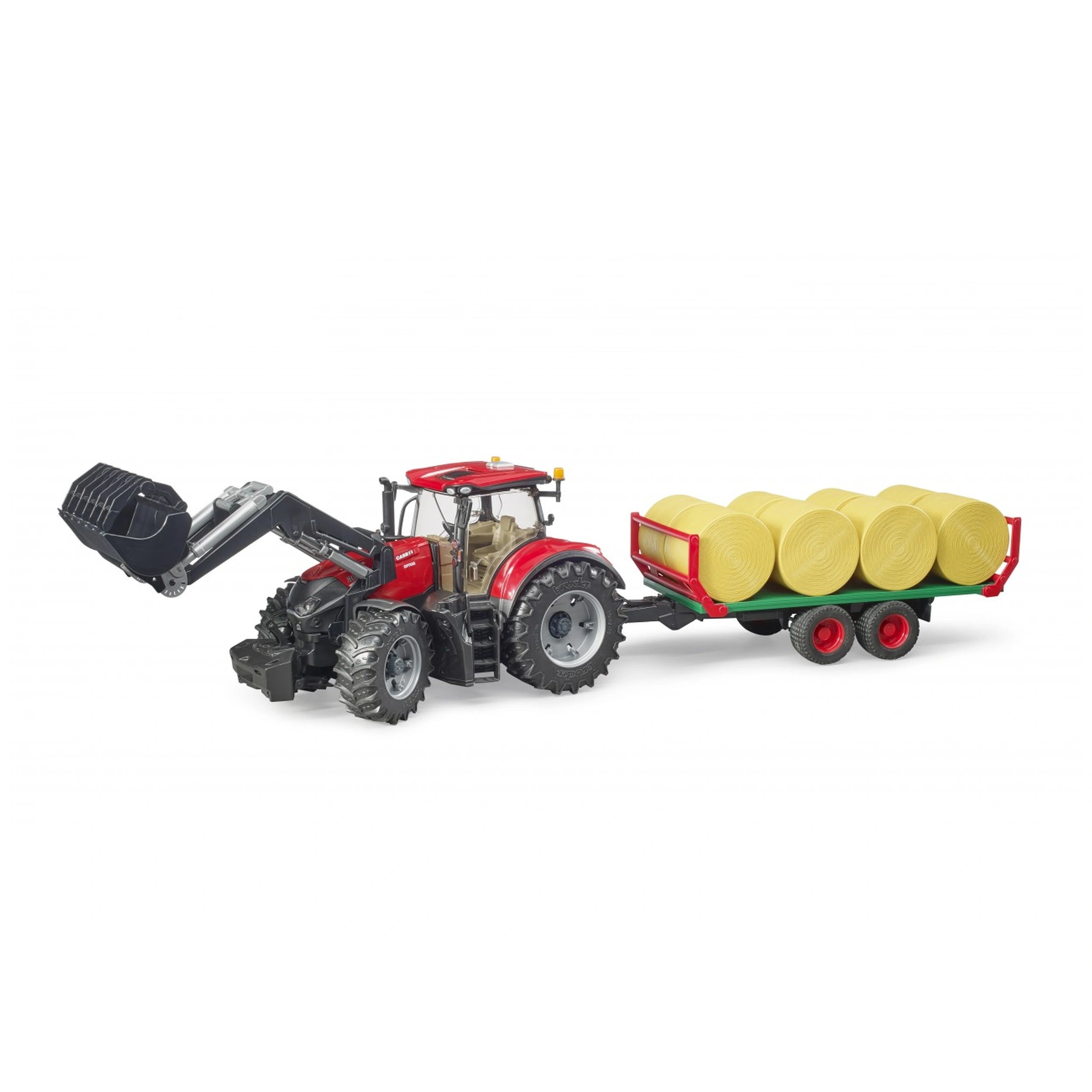 Red Bruder Case IH Optum 300CVX tractor with bale transport trailer carrying yellow round bales on white background.