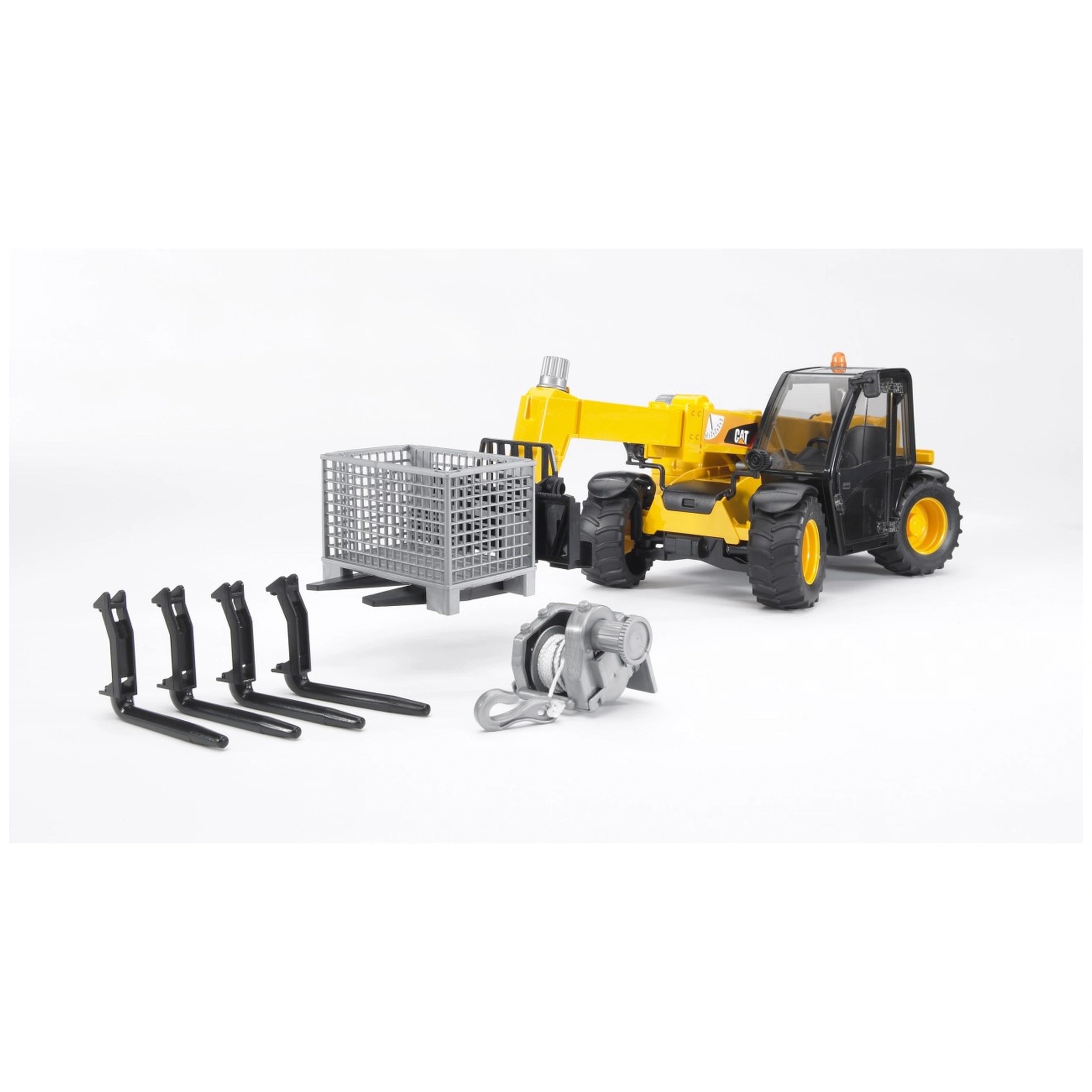 Yellow Bruder Cat Telehandler toy with adjustable arm, gray basket, and black accessories on a white background.