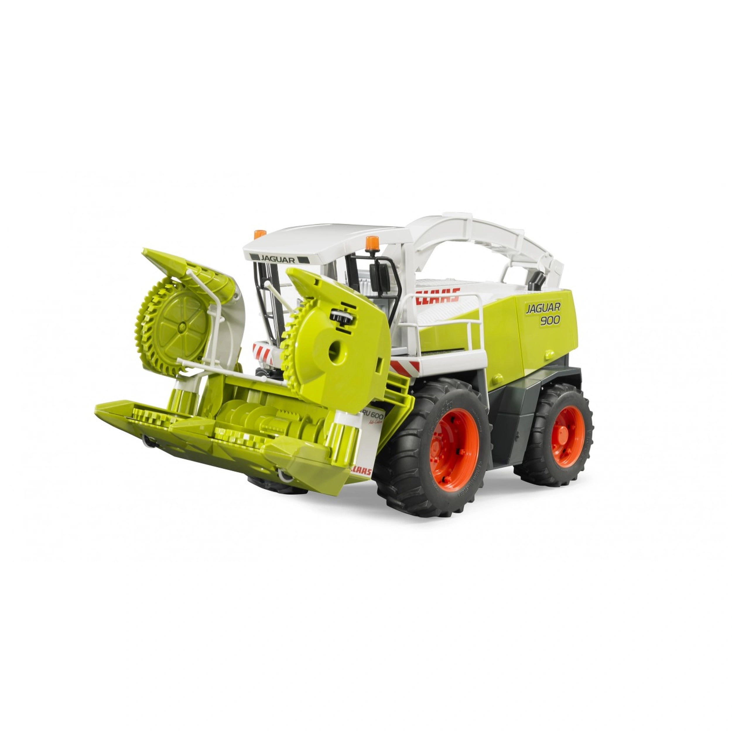 Bruder Claas Jaguar 900 Field Chopper toy with lime green and white body, orange wheels, and intricate corn header details.
