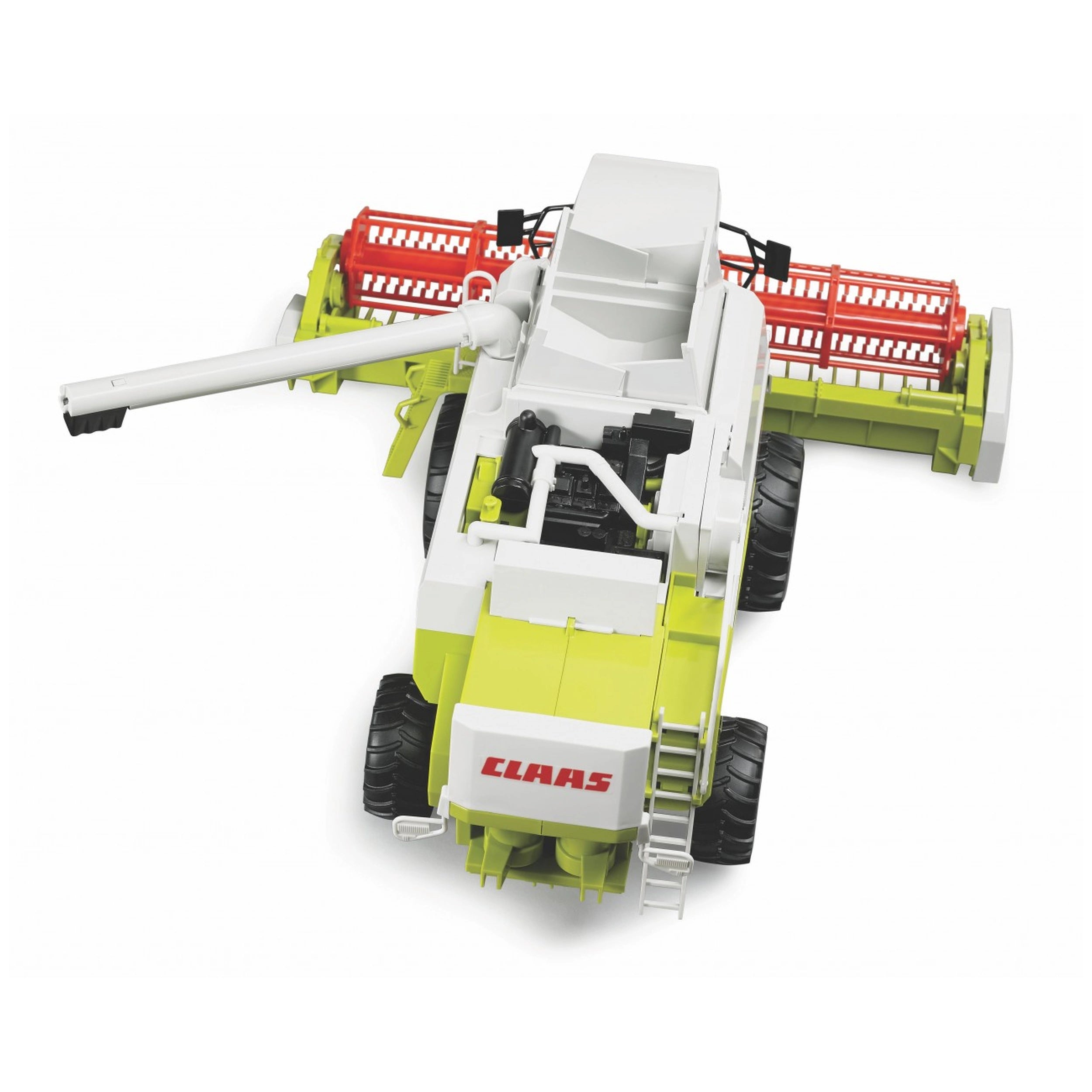 Claas Lexion 480 toy combine harvester with swiveling grain pipe and realistic details from top view.