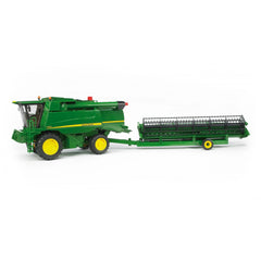 John Deere T670i combine harvester toy, green with yellow wheels; detailed replica by Bruder.