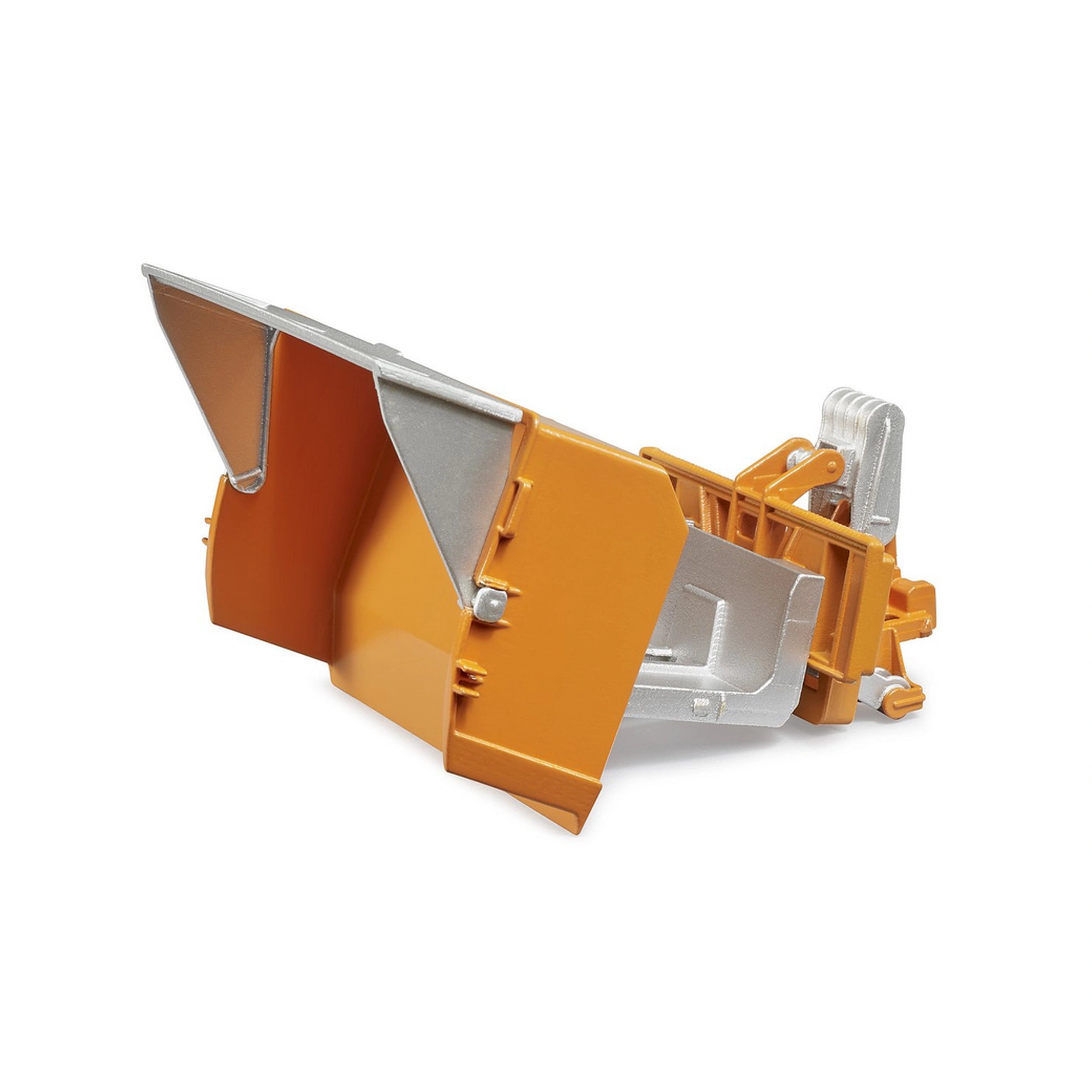 Orange and silver Bruder loading box and fork accessory for toy tractors, featuring an opening rear door.