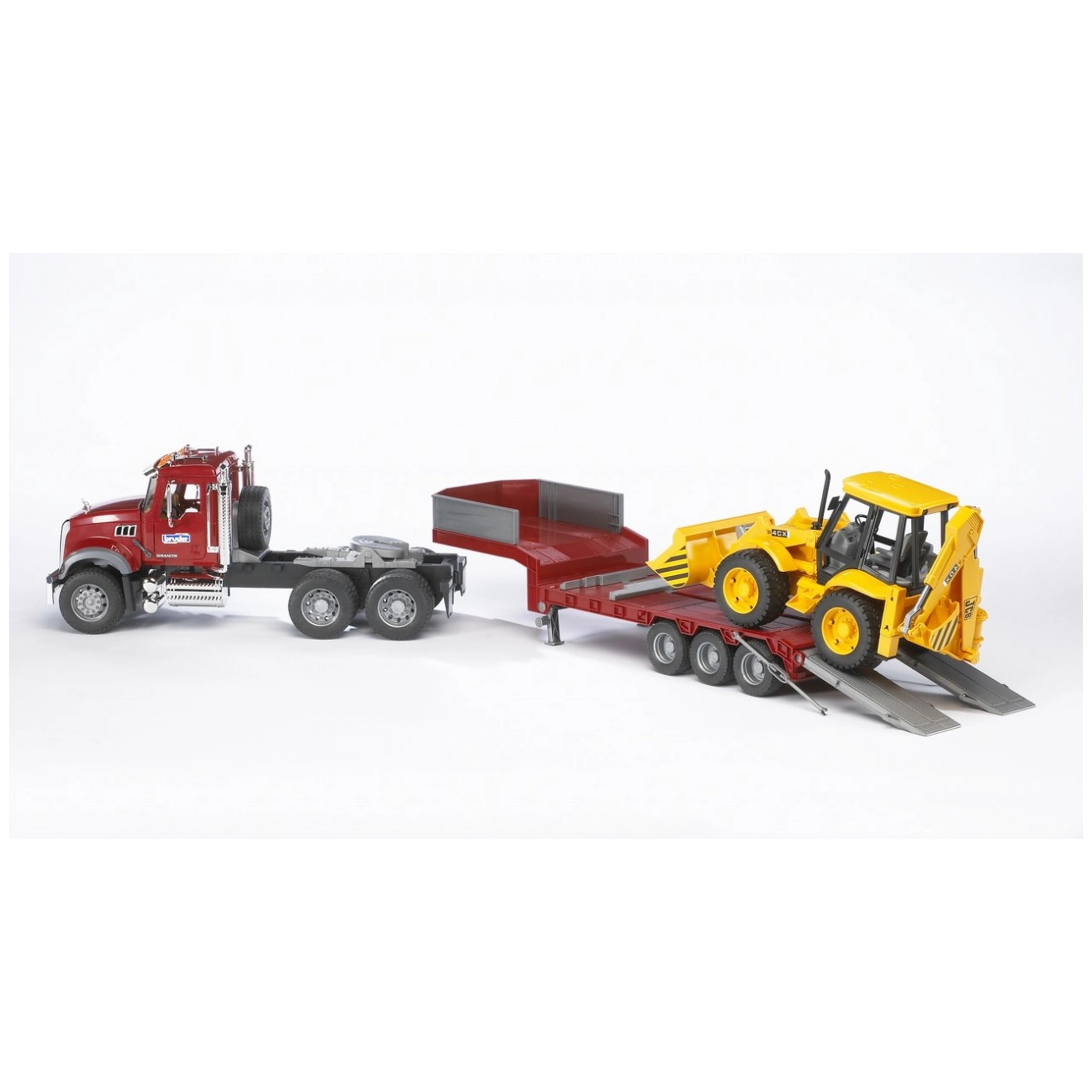 Red Mack truck with low loader transporting a yellow JCB 4CX backhoe on a white background.