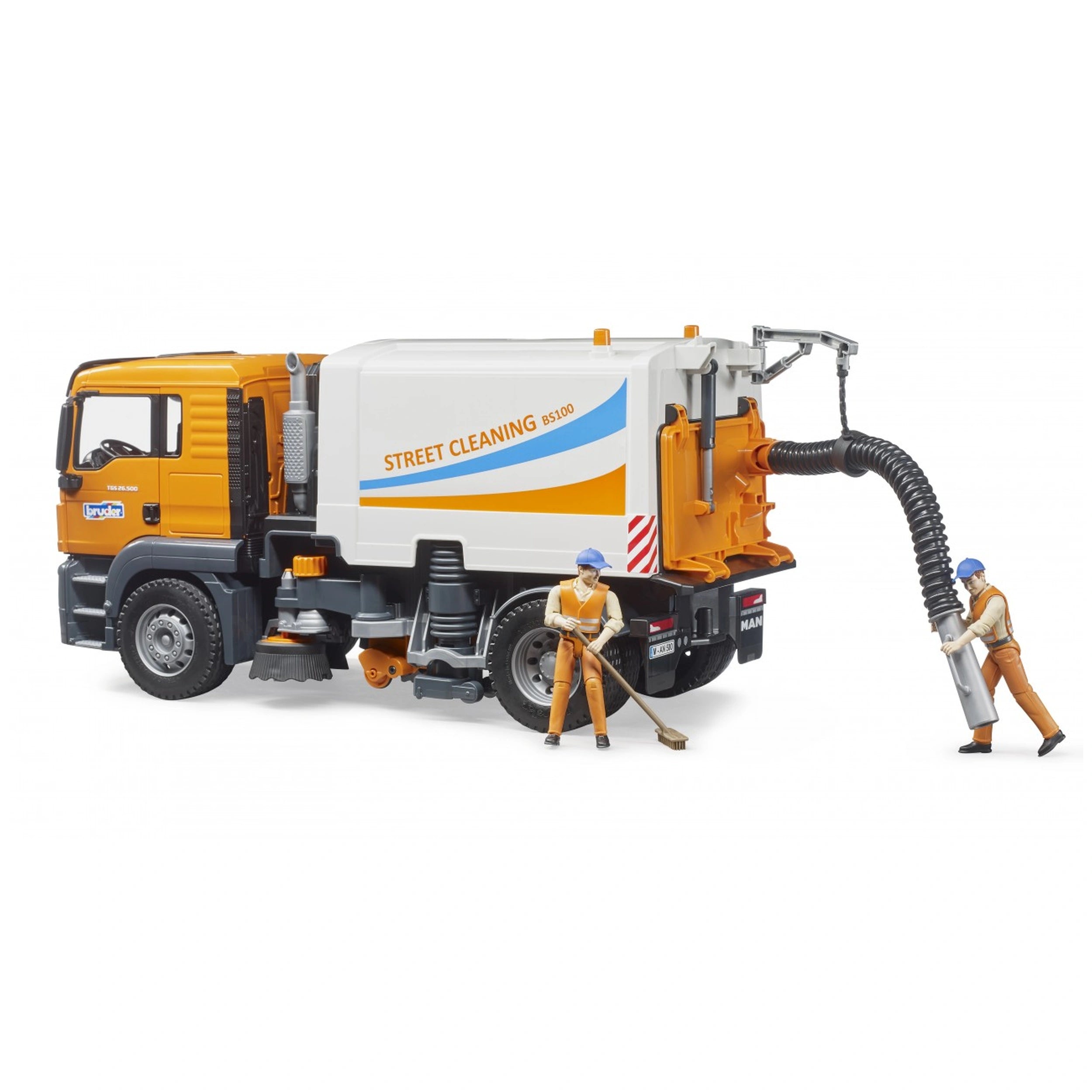 Orange and white toy street sweeper with two figures; features realistic details like hoses and brushes. Ideal for imaginative play.