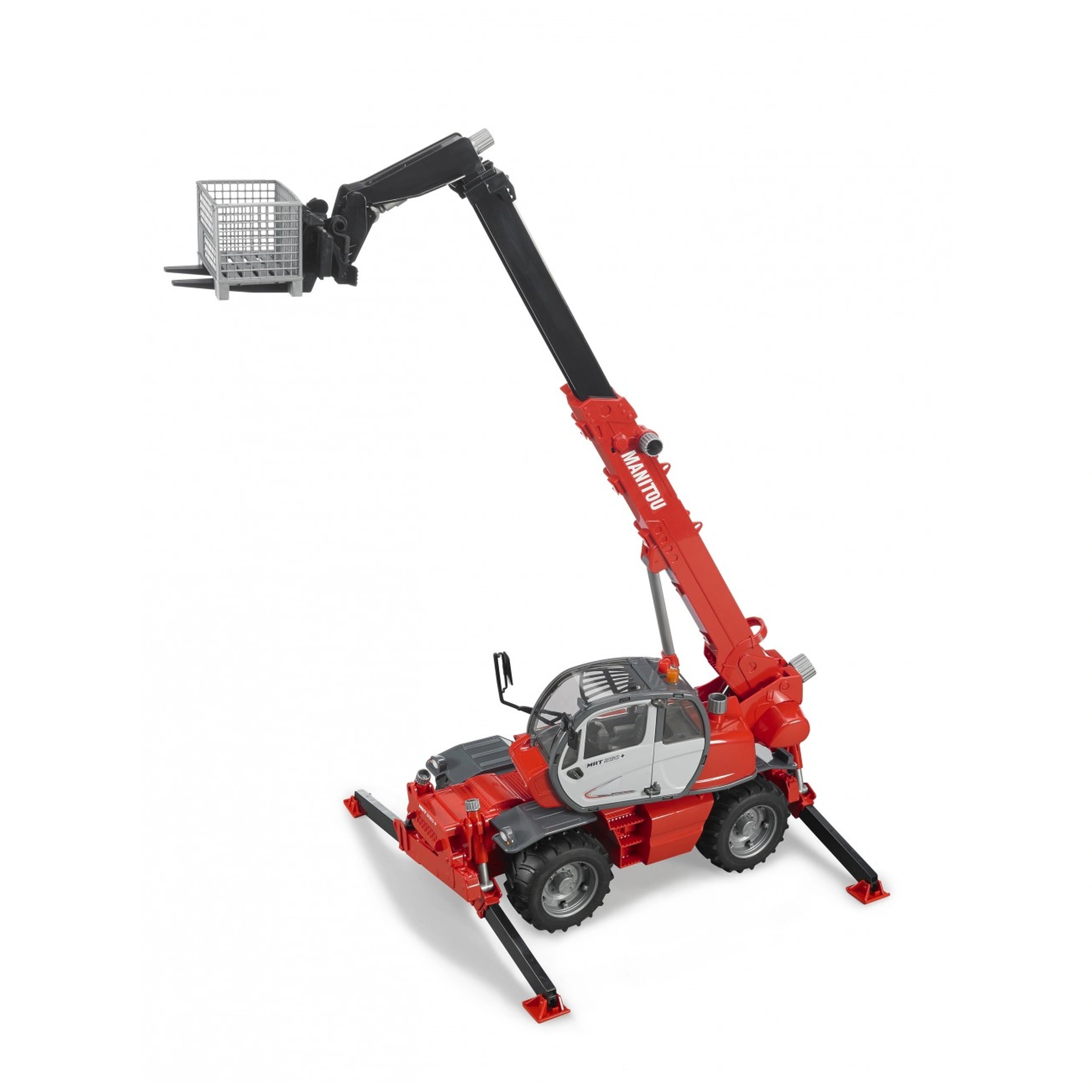 Red Bruder Manitou MRT 2150 toy telehandler with extendable arm and basket, simulating construction equipment.