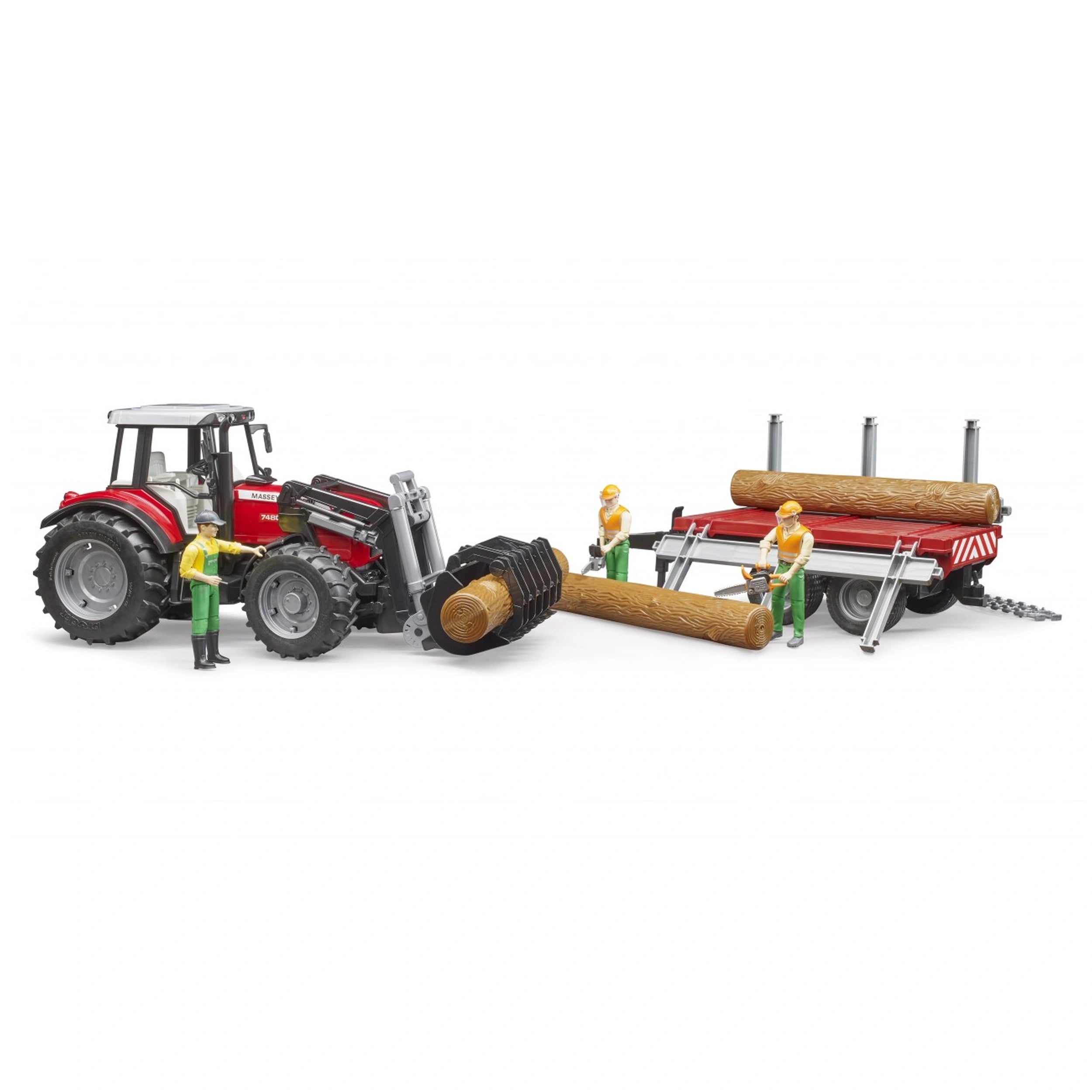 Bruder Massey Ferguson tractor with front loader, timber logs, and three figures on a timber trailer.