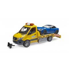 Yellow Bruder MB Sprinter car transporter with light module, carrying a blue Roadster on its flatbed, side view.