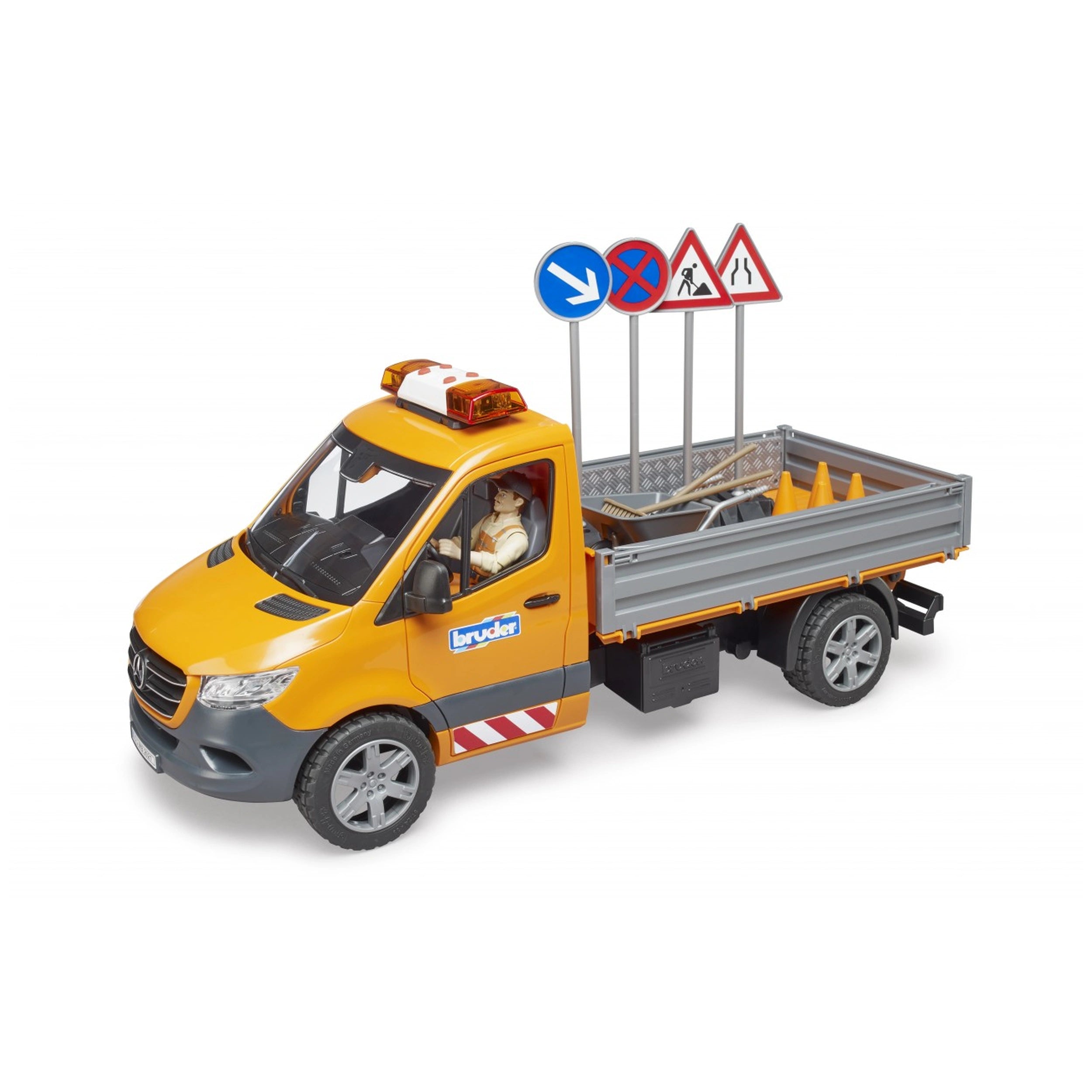 Orange Bruder MB Sprinter municipal vehicle with road signs, worker figure, and accessories on the loading platform.