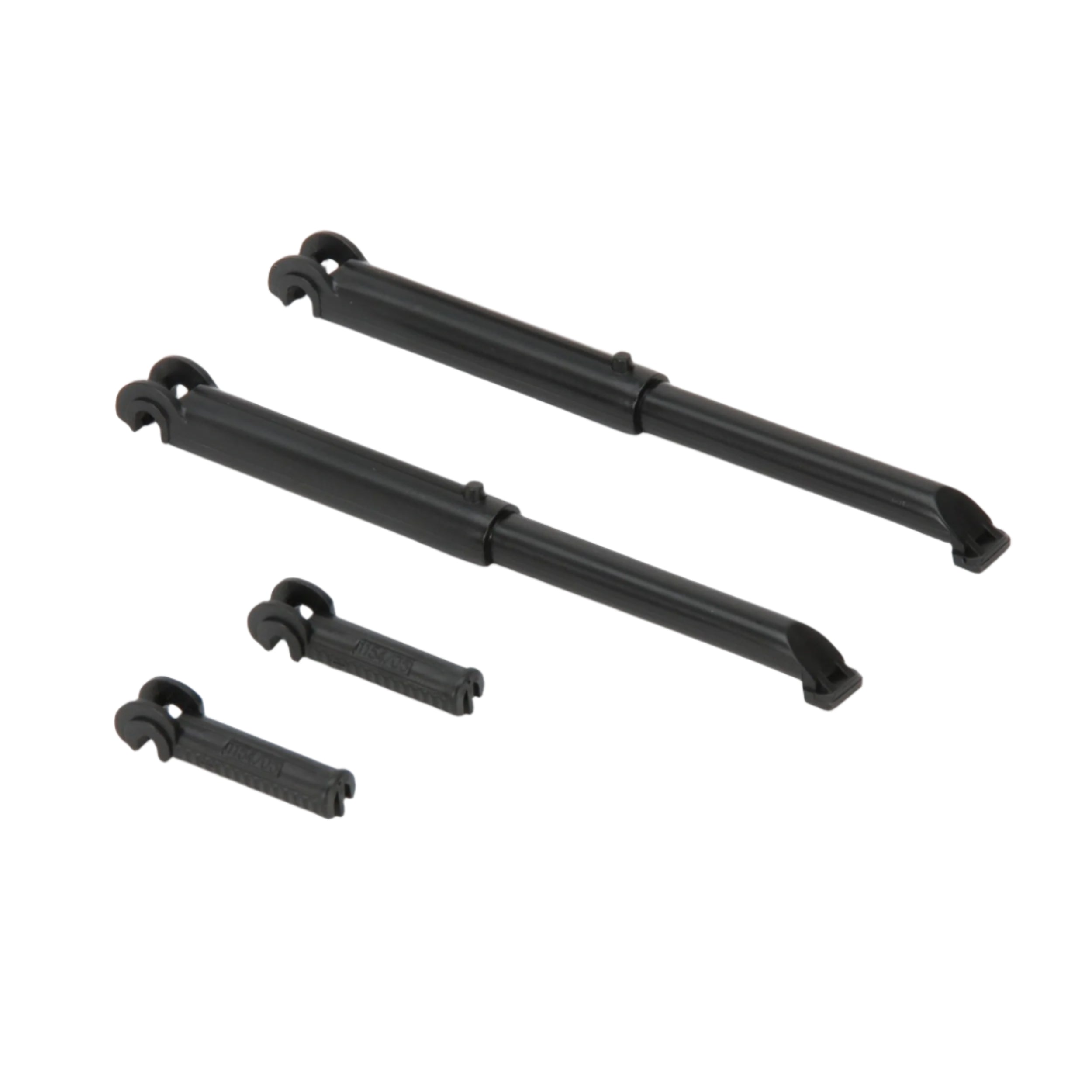 Two durable black pistons and clips for Bruder Cat Compact Loader toy vehicle.