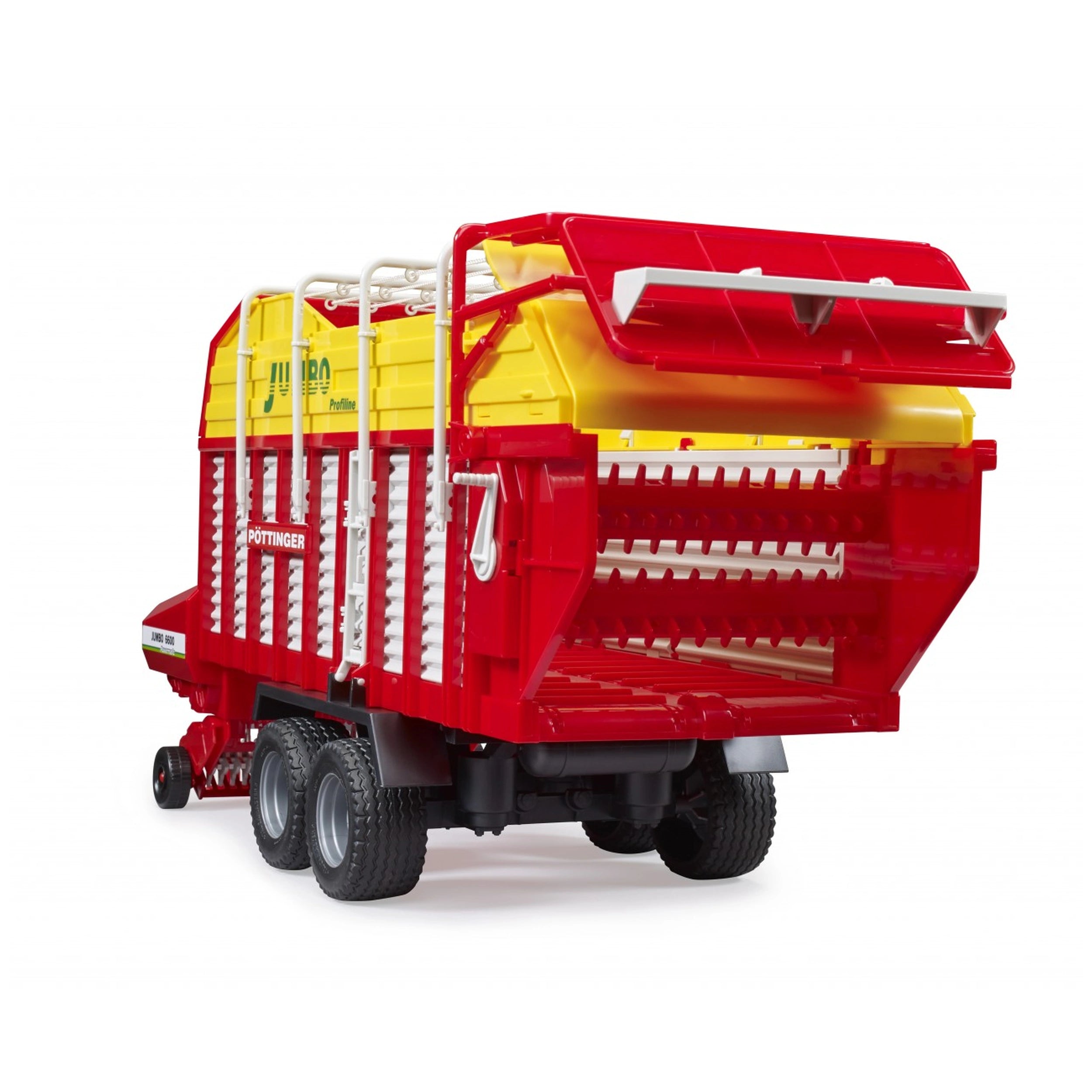 Red and yellow Bruder Pottinger Jumbo 6600 toy forage trailer with realistic details and functional parts.