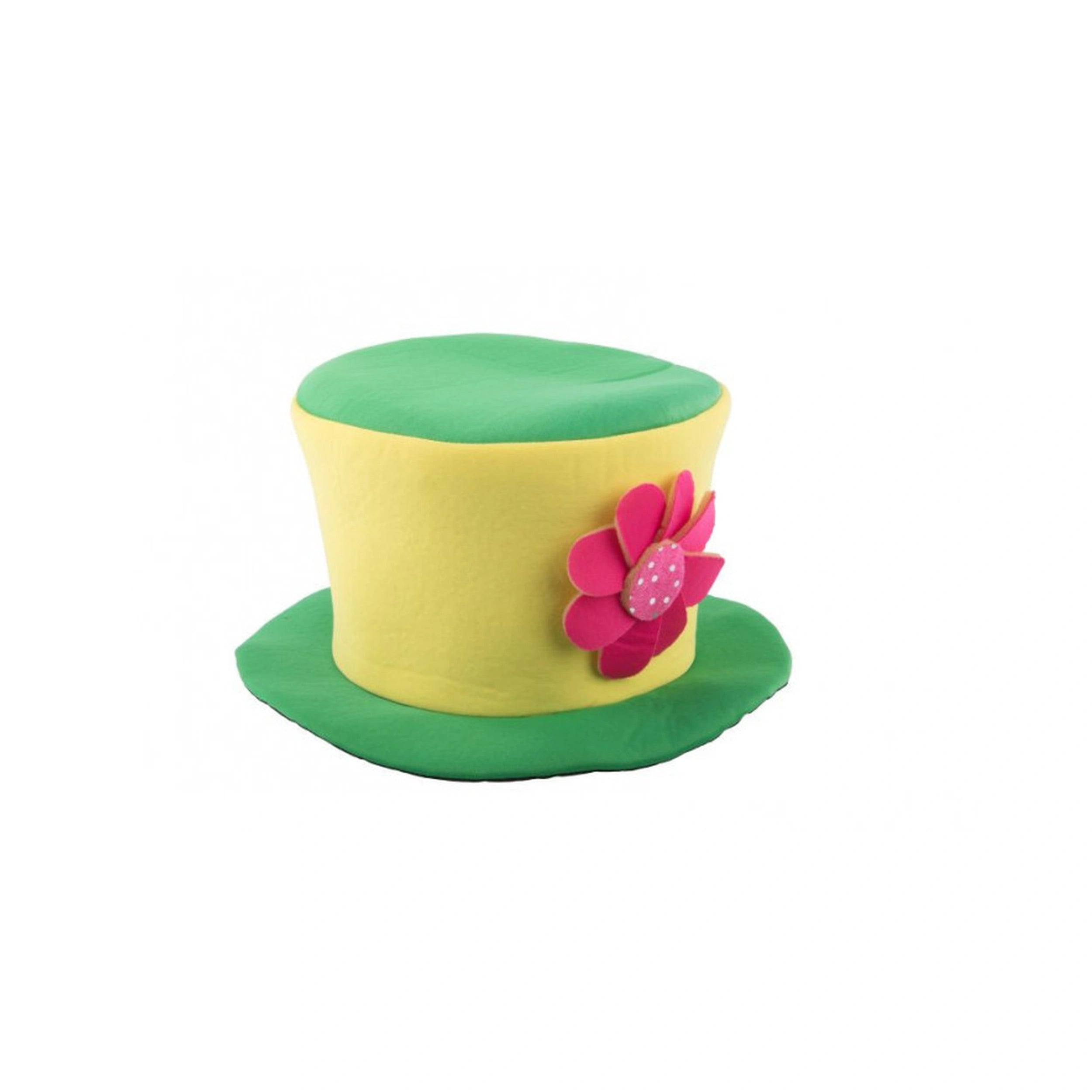 Carnival Toys - Green And Yellow Fabric Top Hat With Big Pink Flower For Dress Up Fun - Pretend Professions And Role Playing