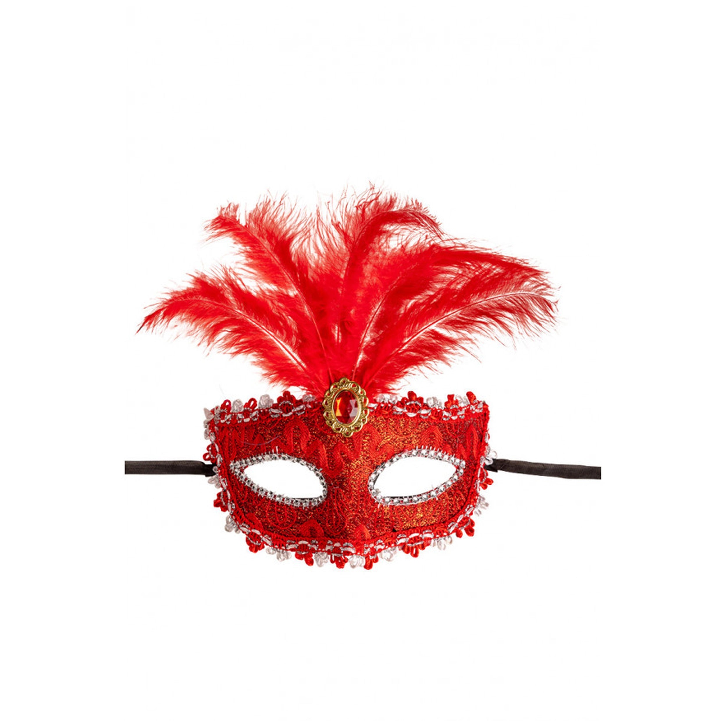 Carnival Toys - Red Damask Half-Face Mask With Feathers For Creative Dress Up Fun - Pretend Professions And Role Playing