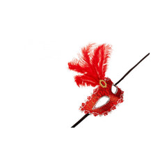Carnival Toys - Red Damask Half-Face Mask With Feathers For Creative Dress Up Fun - Pretend Professions And Role Playing