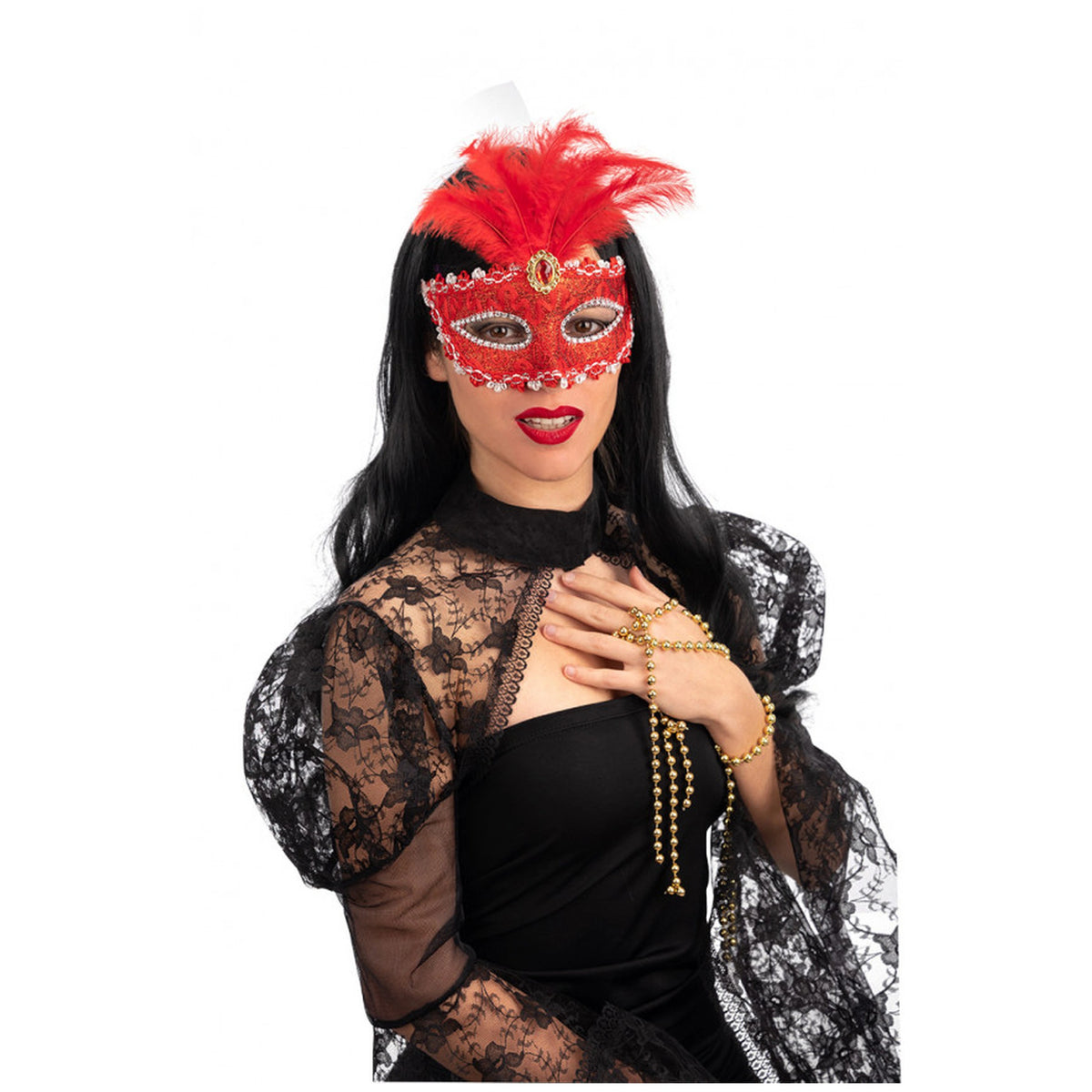 Carnival Toys - Red Damask Half-Face Mask With Feathers For Creative Dress Up Fun - Pretend Professions And Role Playing