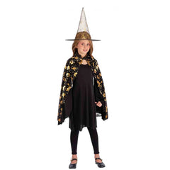 Carnival Toys - Witch Set For Kids With Black Cape And Hat Featuring Golden Prints - Pretend Professions And Role Playing