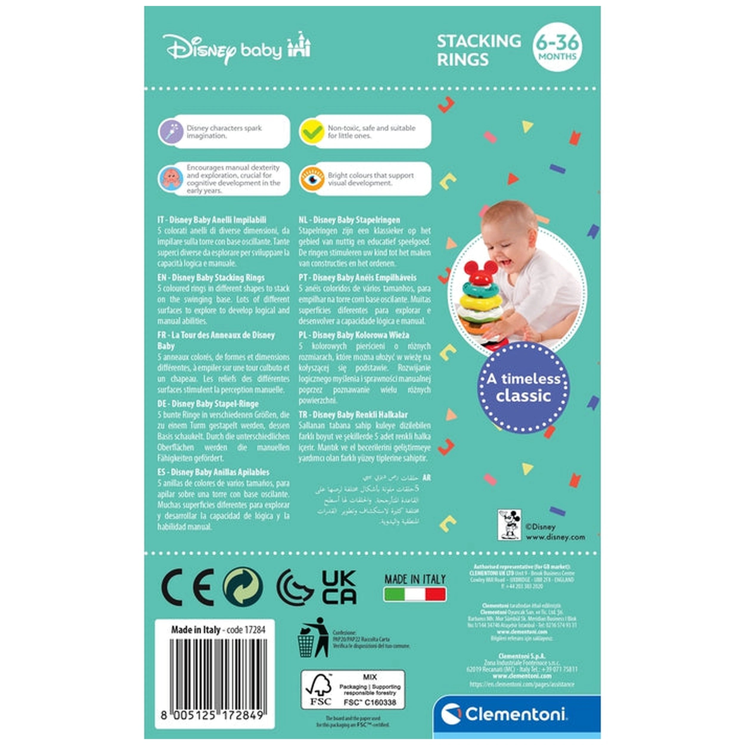 Clementoni Disney Baby - Anillos Apilables de Baby Mickey Juguetes de Clasificación y Apilamiento