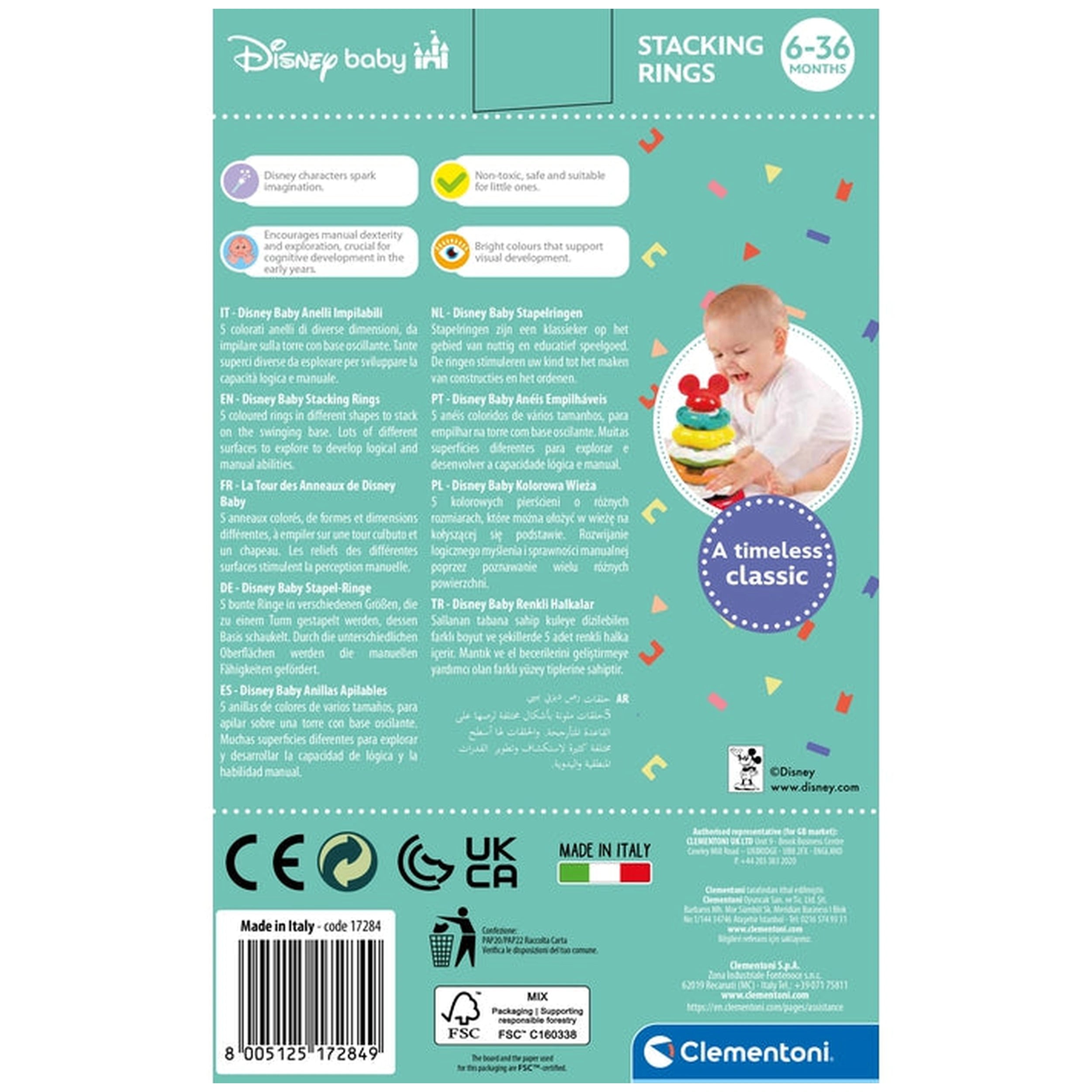 Clementoni Disney Baby - Anillos Apilables de Baby Mickey Juguetes de Clasificación y Apilamiento