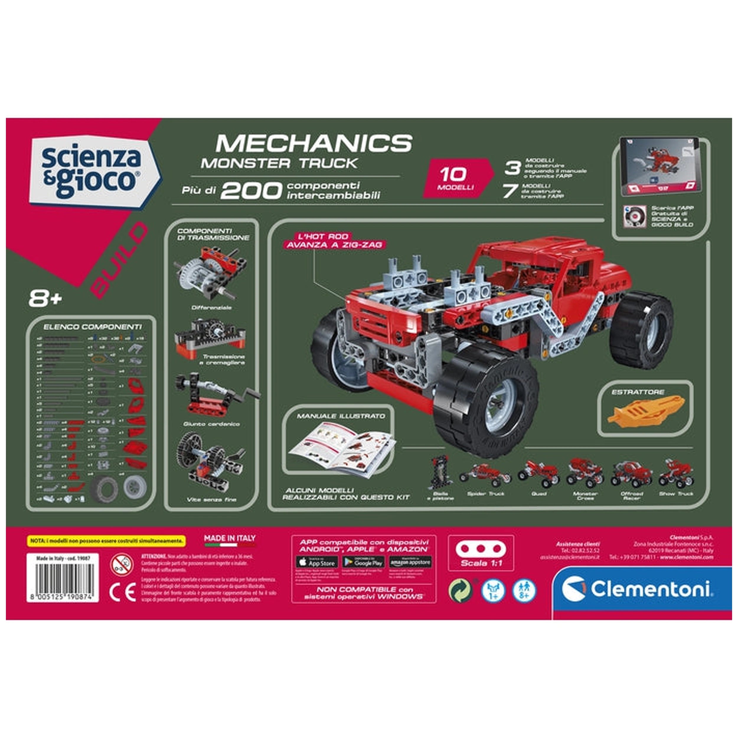 Clementoni Scienza E Gioco Construcción - Mecánica Construye 10 Modelos - Set de Juguetes de Construcción de Camiones Monstruo