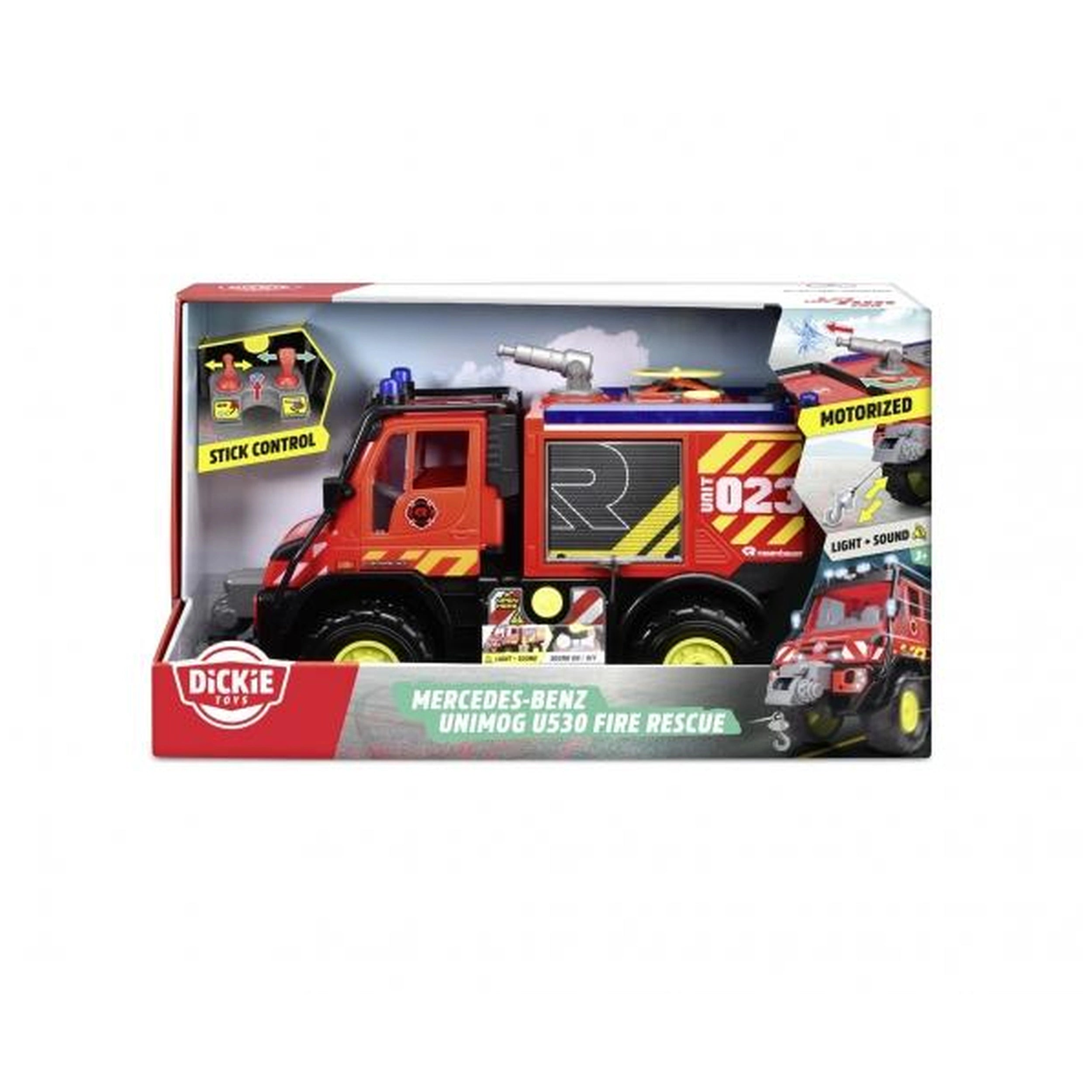 Dickie - Mercedes-Benz Unimog U530 Vehículo de Rescate de Bomberos con Luces y Sonidos