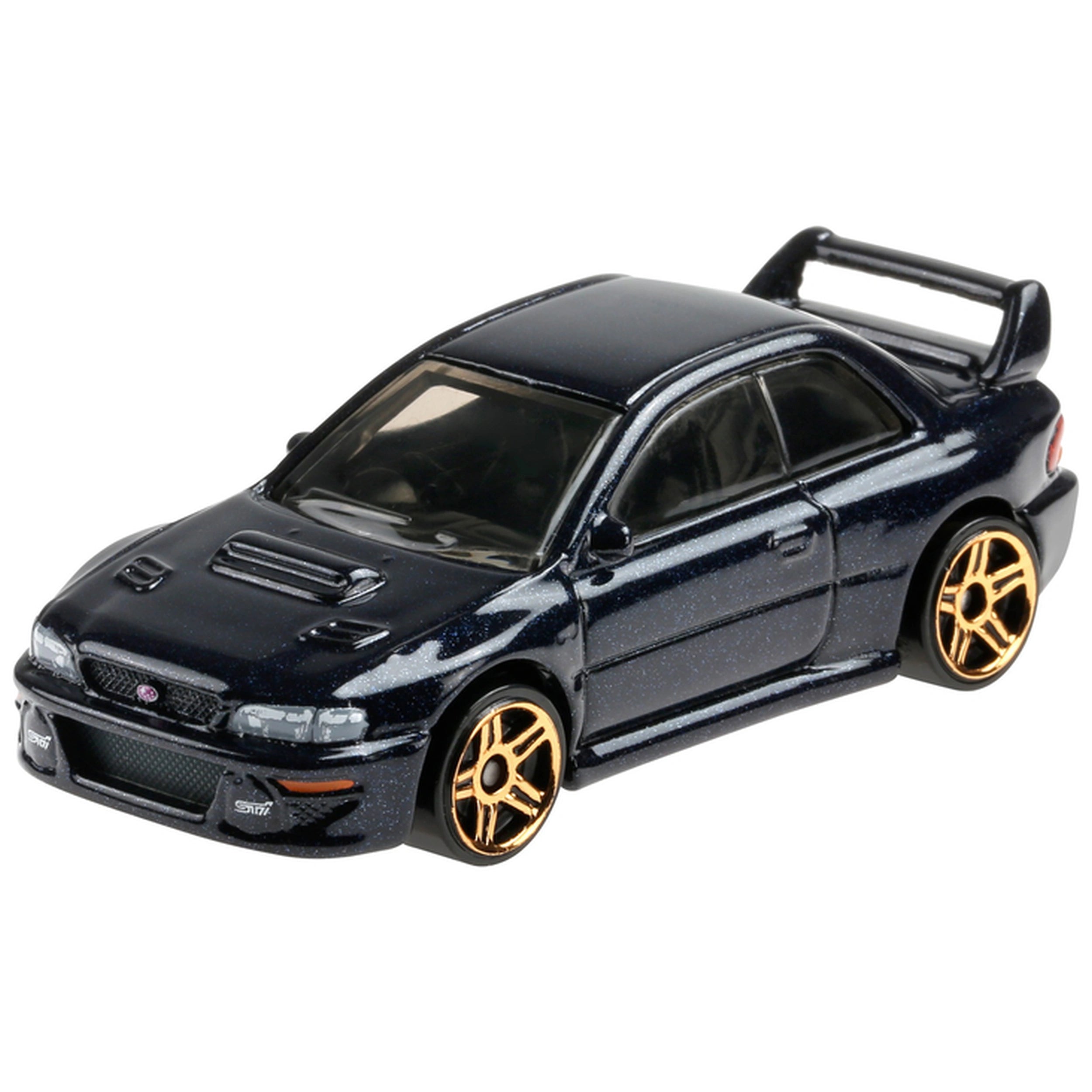 Hot Wheels 1:64 die-cast racing vehicle with black body, gold rims, and detailed black plastic features.