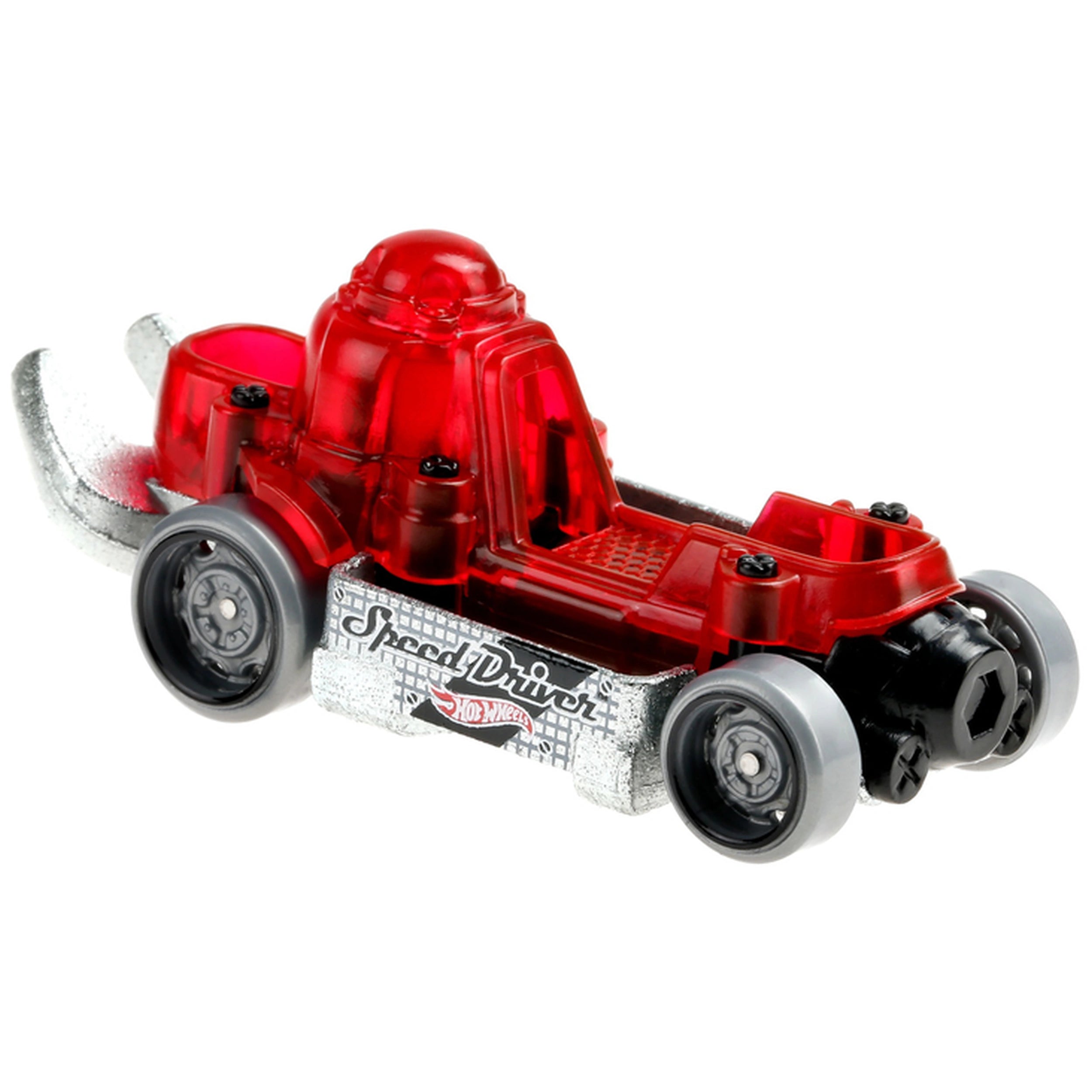 Hot Wheels 1:64 die-cast toy car features a glossy red body, matte black wheels, silver bumpers, and a transparent grille wit