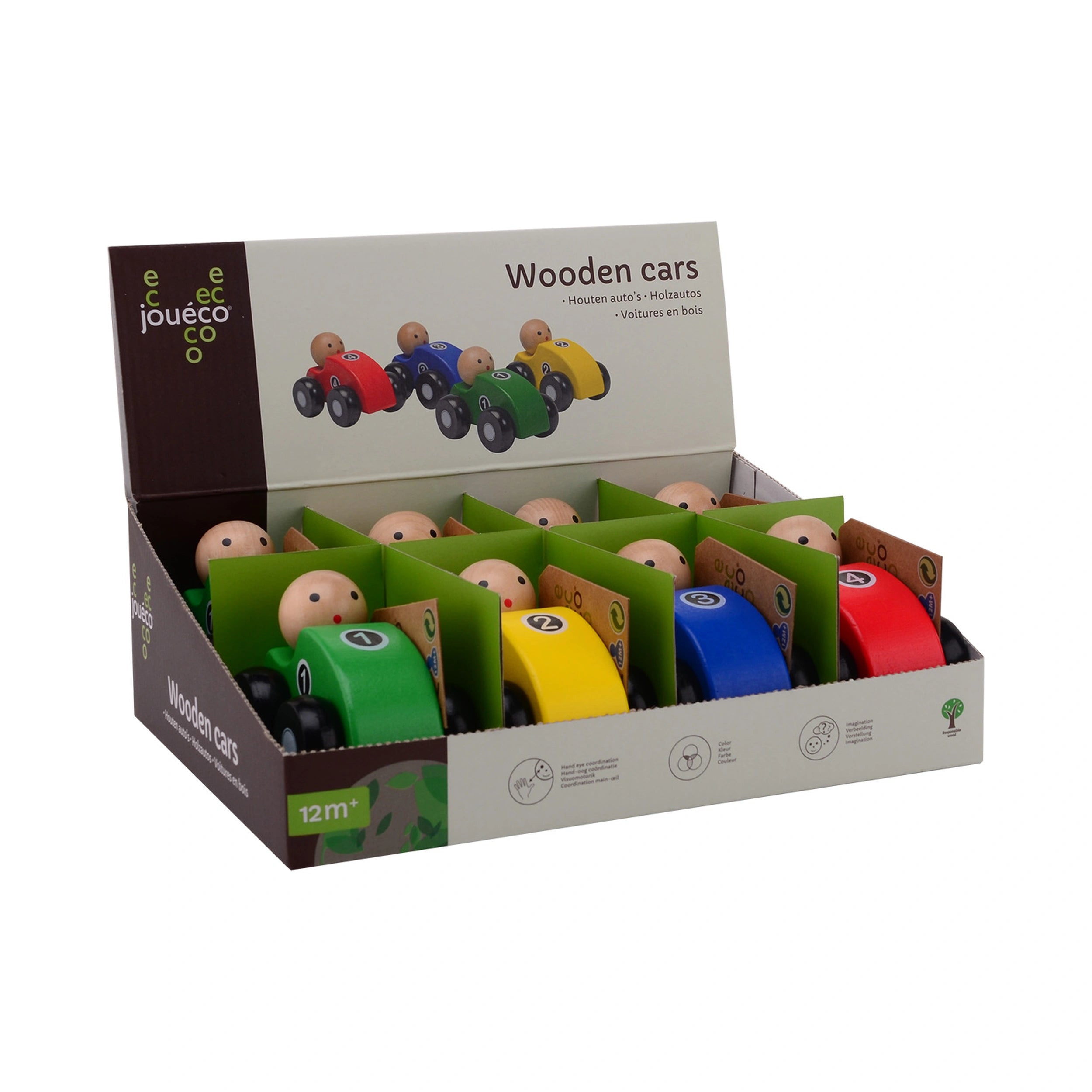 Johntoy - Coches de Madera 4 Asortidos en Exhibición - Vehículos de Juego