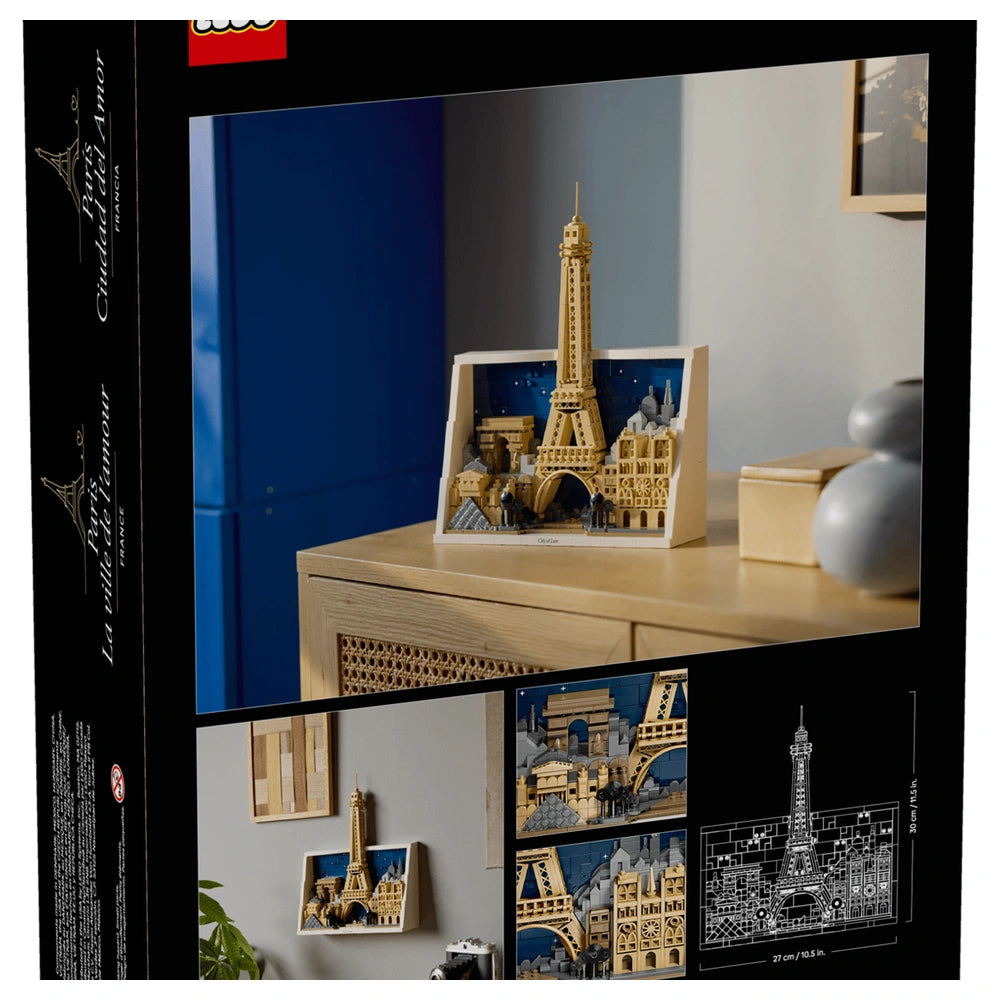 LEGO model of the Eiffel Tower in brown on a wooden surface, set against a blurred blue wall background.