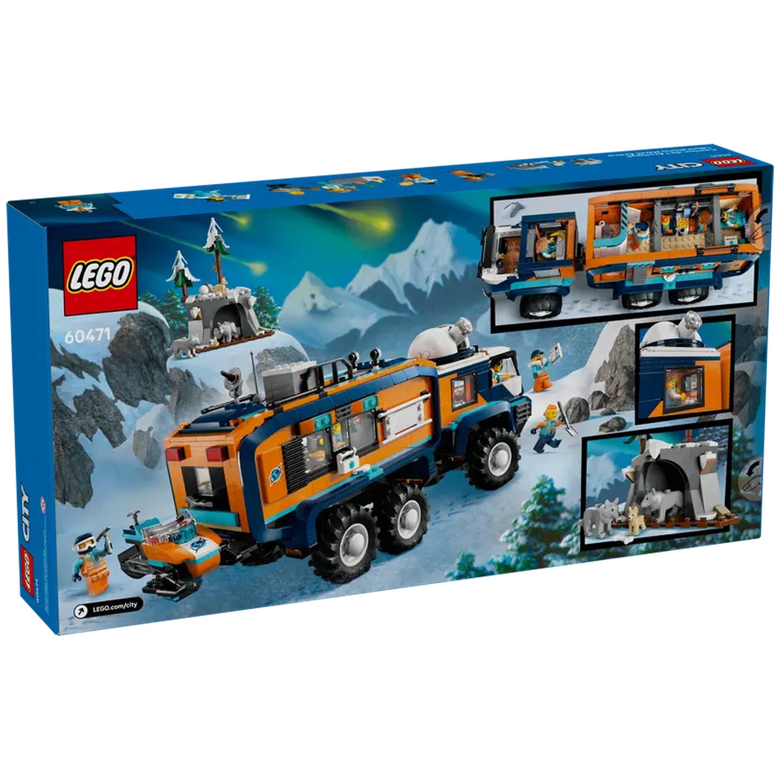 LEGO Arctic Explorer Science Lab Truck construction set, featuring a detailed truck with 6 wheels, toy snowmobile, and adventure scene in a snowy landscape.