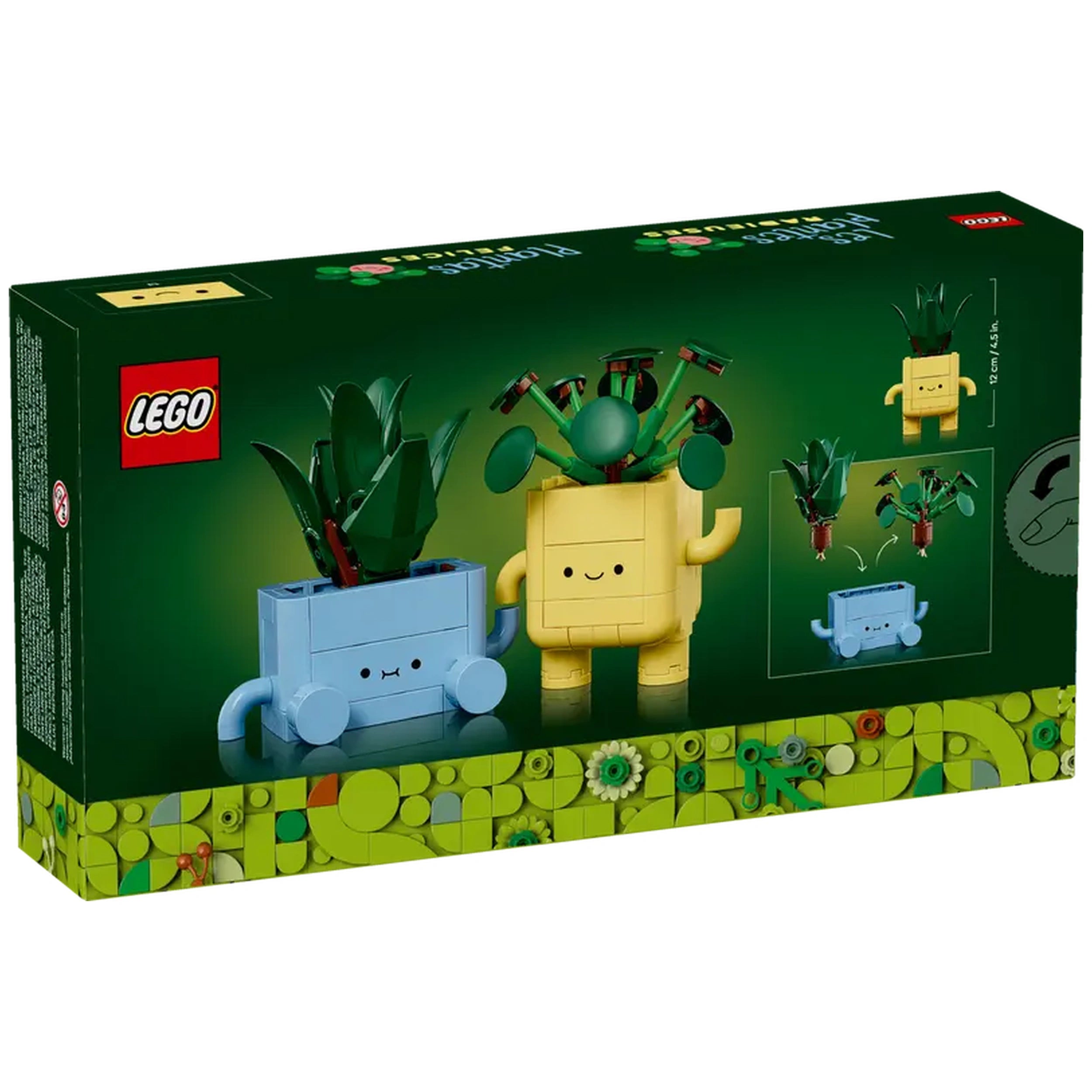 LEGO Botanicals Happy Plants construction set featuring a smiling yellow pot with green leaves and a blue pot with playful facial expression, set against a dark green background.