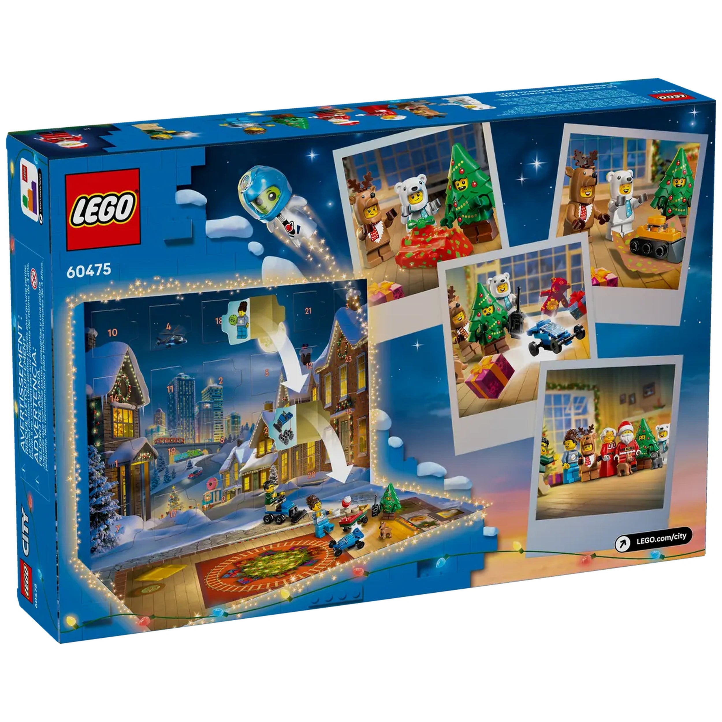 LEGO City Advent Calendar 2025 box featuring a snowy village scene, colorful builds, festive decorations, and playful characters like a polar bear and reindeer.
