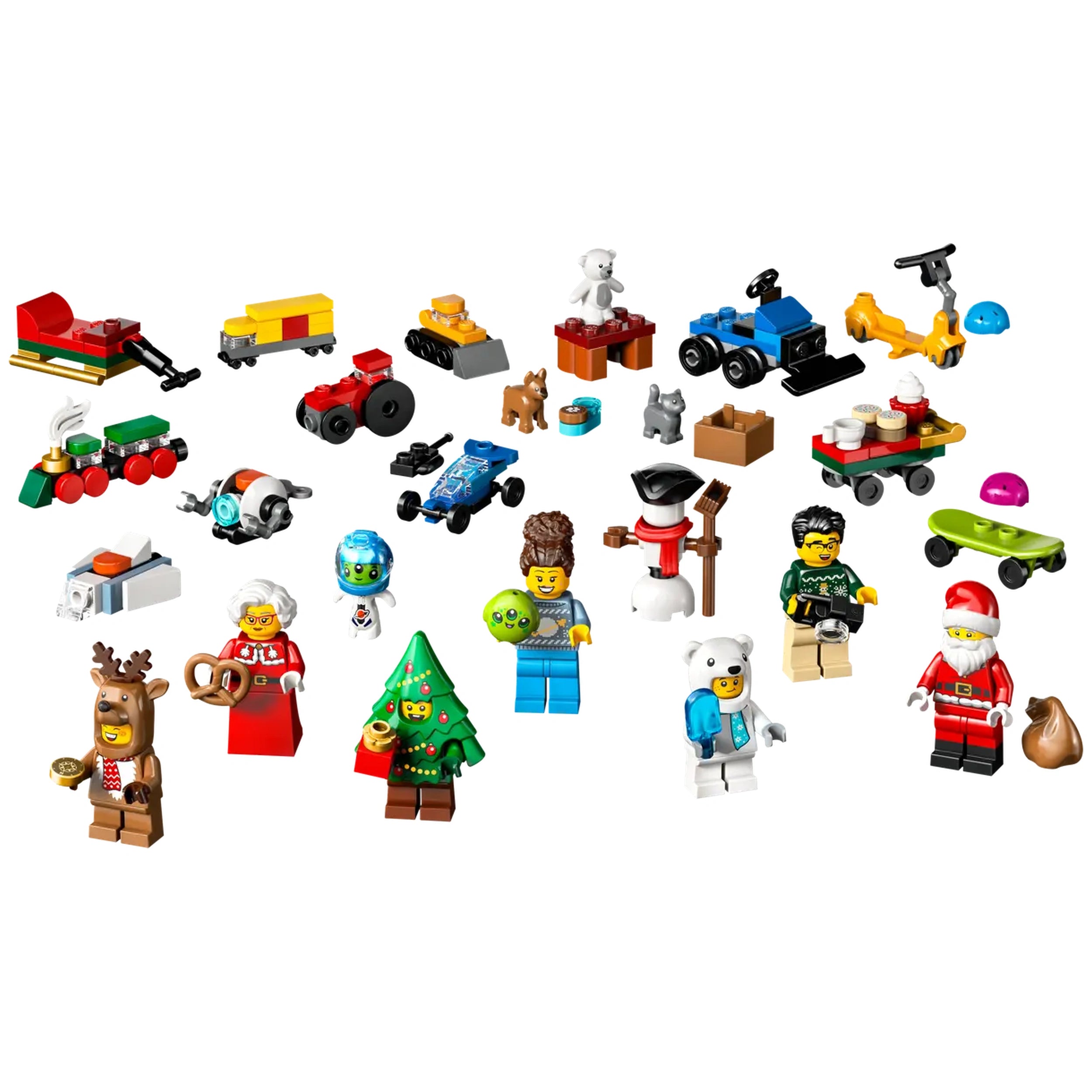 Colorful LEGO® City Advent Calendar 2025 set includes festive mini figures, including Santa, reindeer, and a Christmas tree, alongside playful builds like a sleigh and vehicles, perfect for imaginative holiday fun.