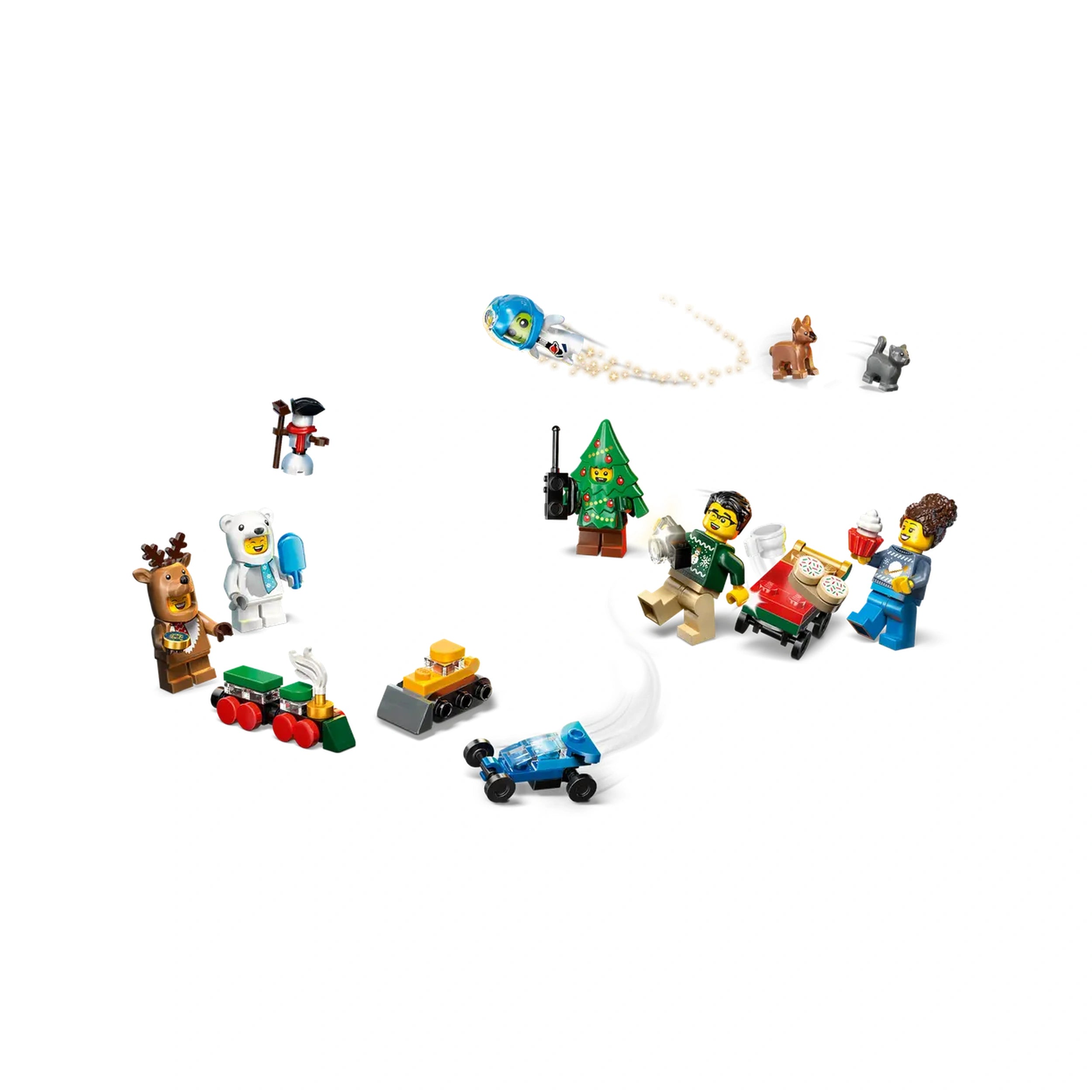 A colorful display of LEGO® mini figures and holiday-themed accessories, including a reindeer, polar bear, Christmas tree, and various mini builds like a toy train and a race car, arranged in a festive scene that sparks imaginative play.