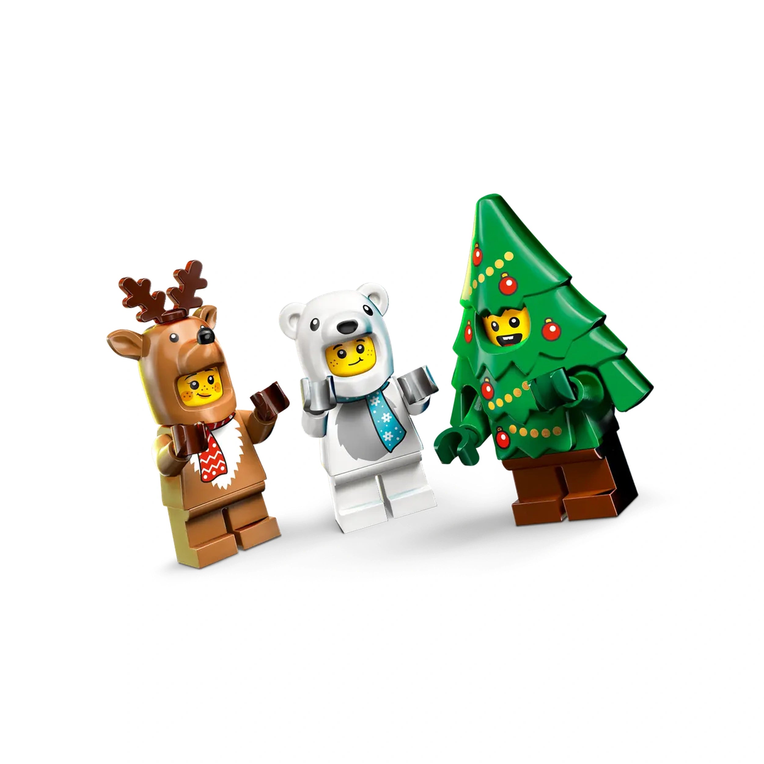 Three LEGO minifigures in festive costumes: a brown reindeer with antlers, a white polar bear, and a green Christmas tree with ornaments, all set against a white background.
