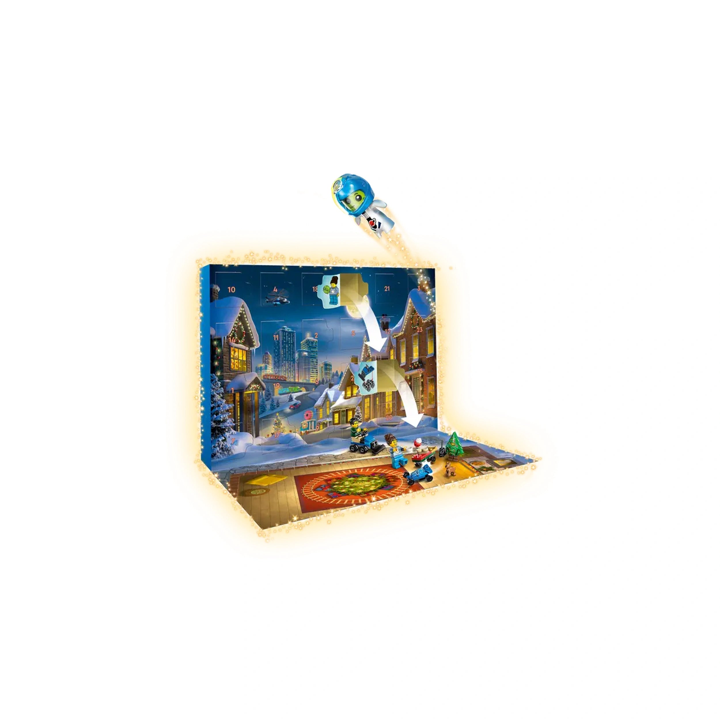 LEGO City Advent Calendar 2025 featuring a festive holiday scene with mini builds, characters in costumes, and a vibrant playmat.