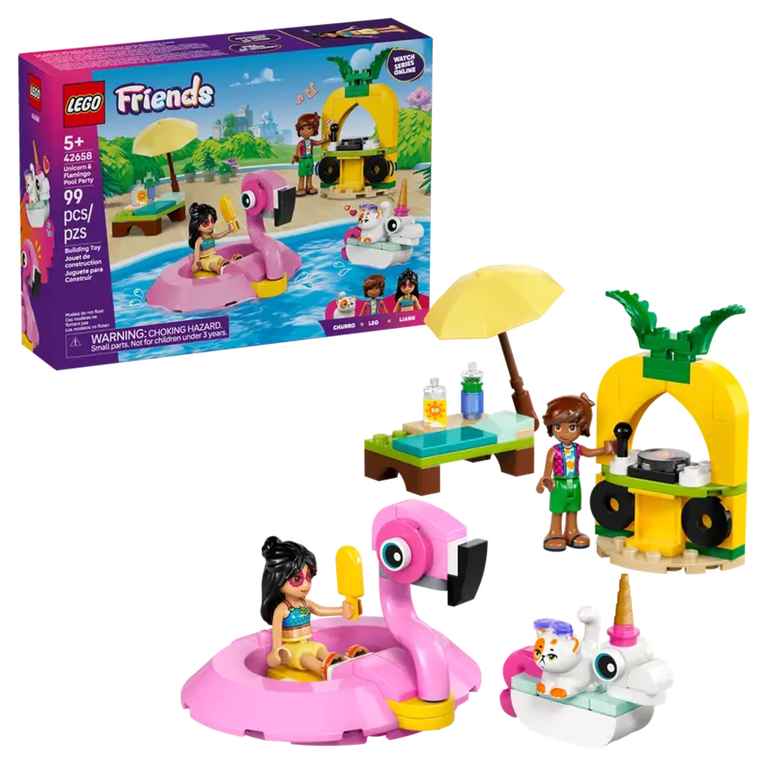 LEGO Friends Unicorn & Flamingo Pool Party set featuring a pink flamingo float, two minidolls, and a unicorn floatie, all surrounded by colorful pool accessories.